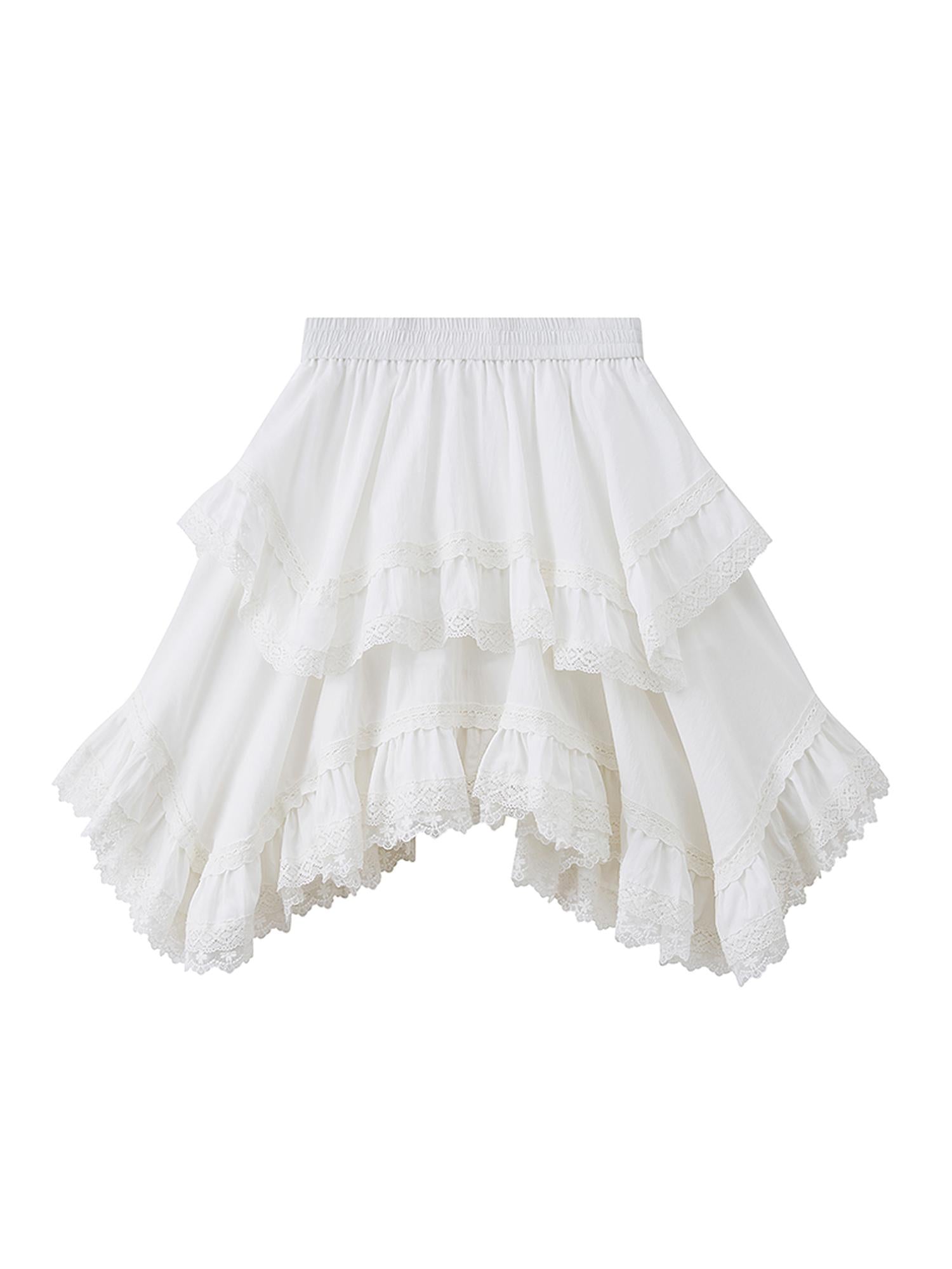 DIDDI MODA Romantic Lace Tiered Asymmetrical Midi Skirt