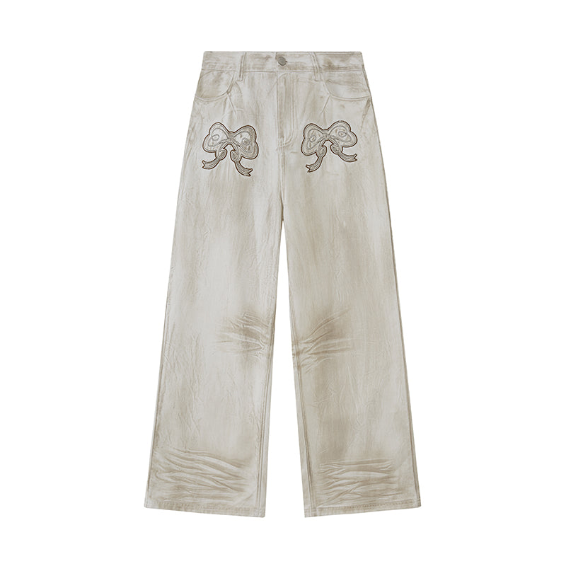 DIDDI MODA Vintage Bow Patchwork Distressed Jeans