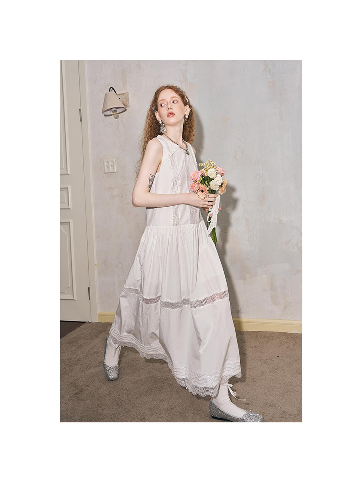 DIDDI MODA Lace Trimmed Asymmetrical Mandarin Collar Maxi Dress