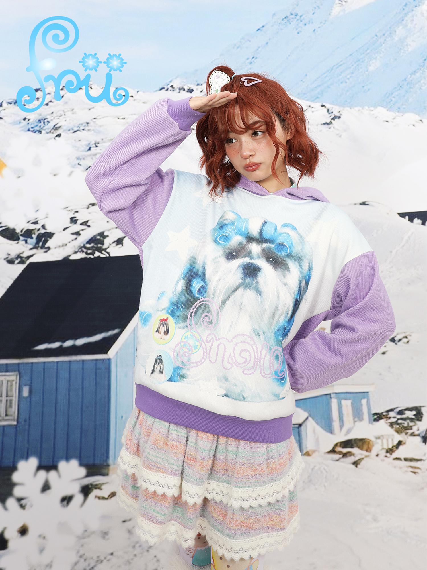 Frufru Gulu Reversible Contrast Hoodie Winter Snow Farm Print Loose Fit