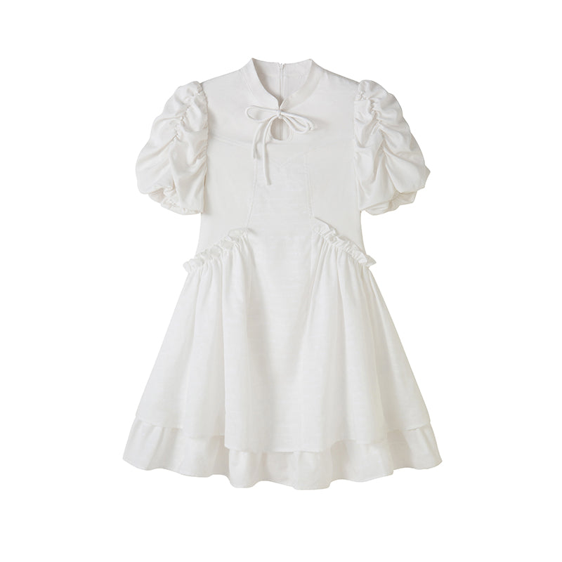 DIDDI MODA Elegant Qipao Bubble Sleeve Dress With Floral Jacquard And Ruffles