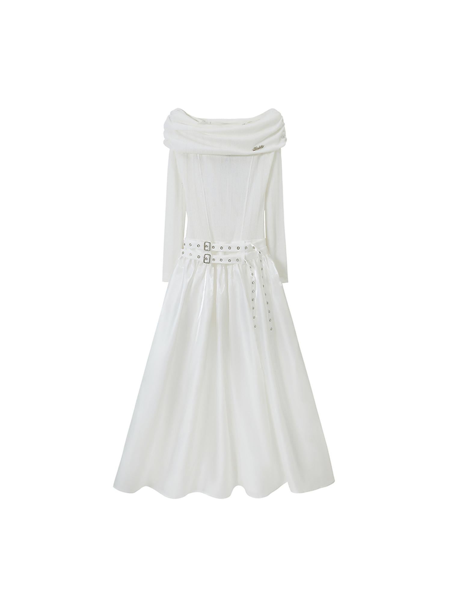 DIDDI MODA Elegant Off Shoulder Bow Dress With Metallic Belt