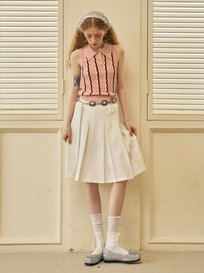DIDDI MODA Elegant Dot Printed Pleated Midi Skirt With High Waist