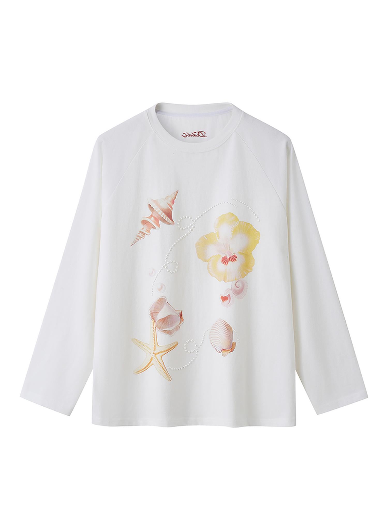 DIDDI MODA Floral Shell Print Loose Fit Long Sleeve Tee
