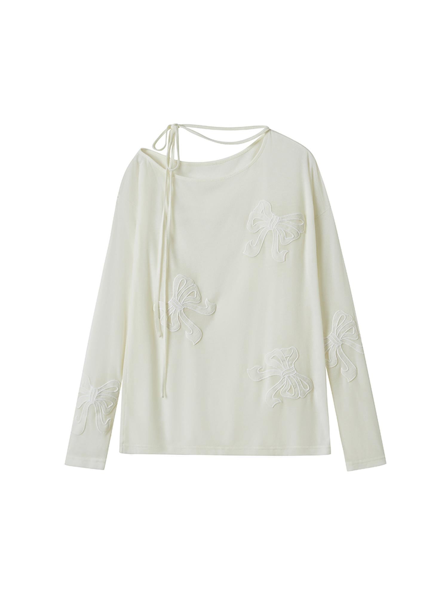 Lazy Off Shoulder Bow Cutout Embroidered Blouse