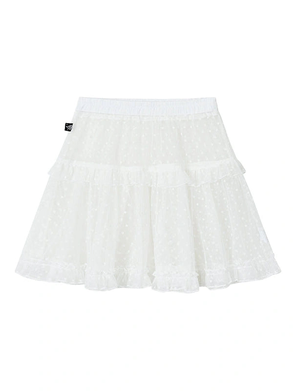 Lace Mesh Polka Dot Ruffle Elastic Waist Layered Skirt