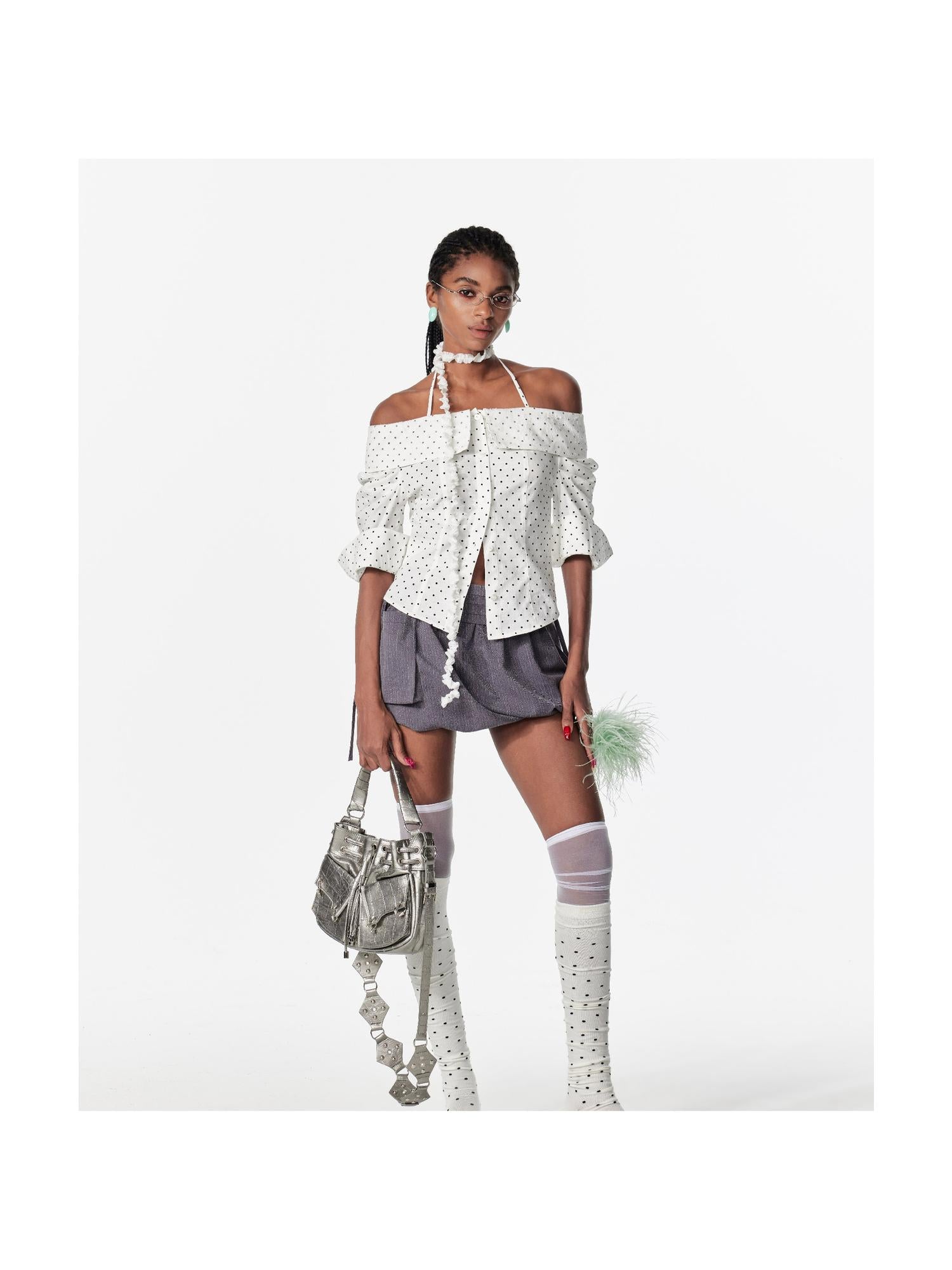 2th Desire Lace Trim Off-Shoulder C-Cut Back Fitted Blouse Shirt