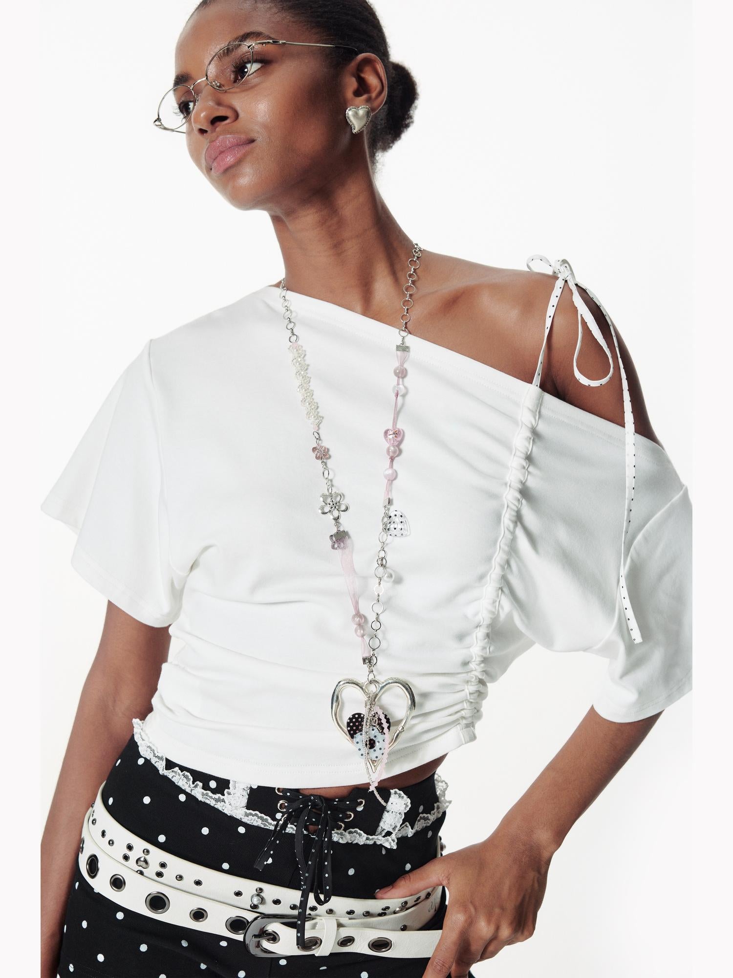 2th Desire Asymmetric Color Block Dot Tie Front Batwing Sleeve T-Shirt