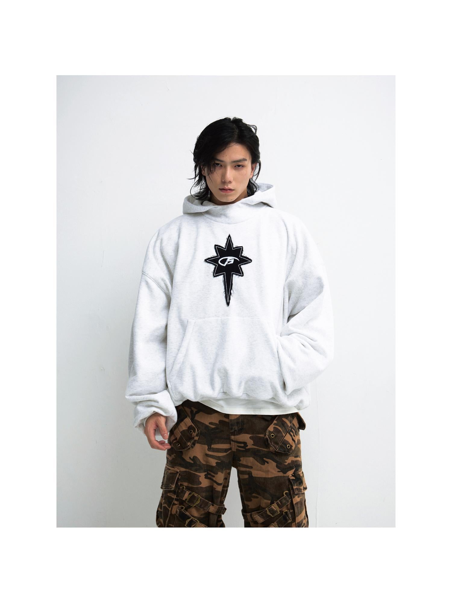 Peoplesense Unisex Black Embroidered Loose Hooded Sweatshirt Retro Style