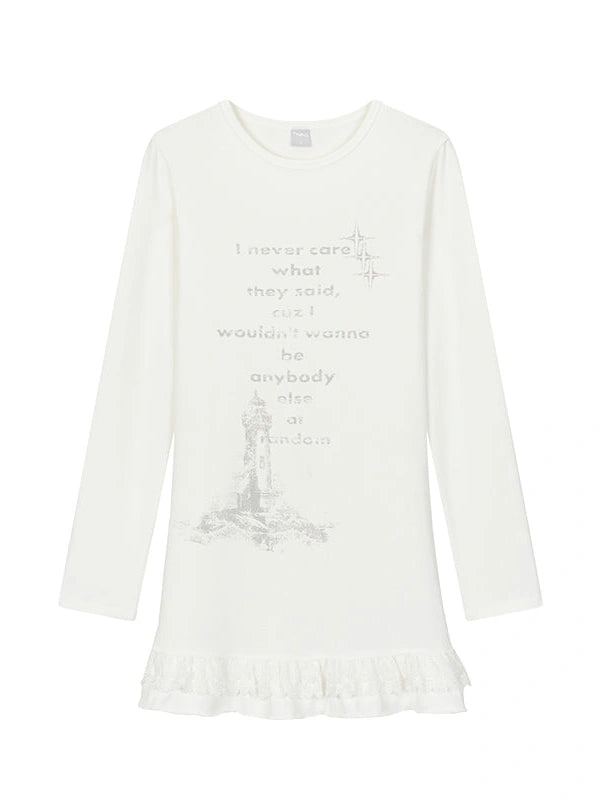 Lace Trim Floral Print Slim Long Sleeve T-Shirt Dresses