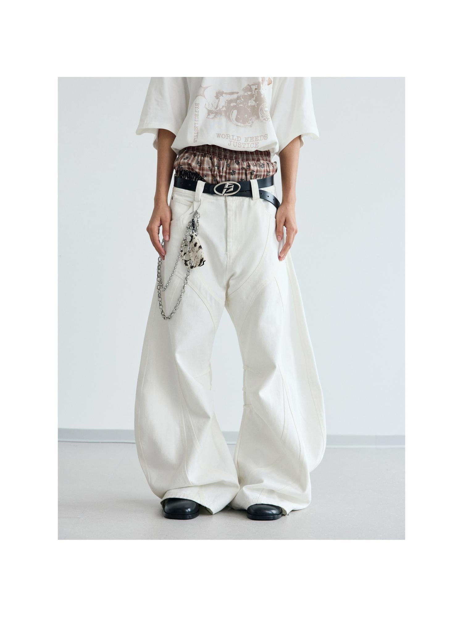 Peoplesense White Pleated Loose Wide Leg Denim Pants