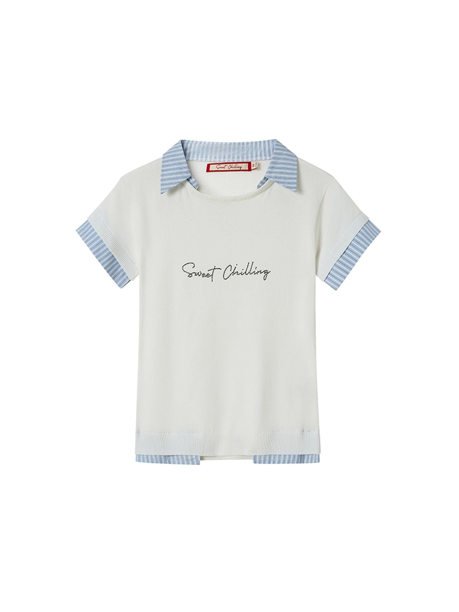 SweetChilling Cool Knit Fake Two-Layer Shirt With Ice Silk & Rhinestone T-Shirt
