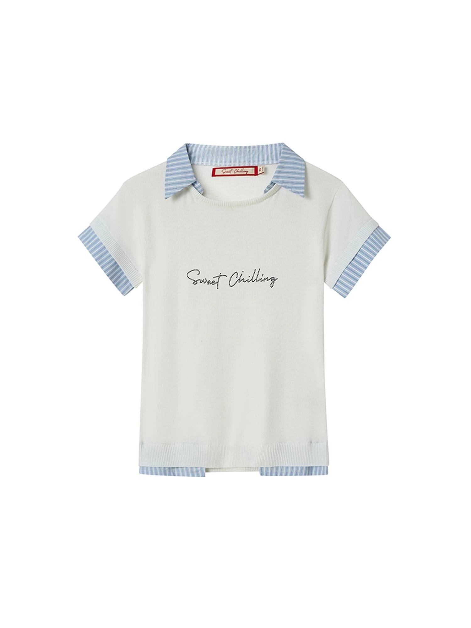 Cool Knit Fake Two-Layer Shirt With Ice Silk & Rhinestone T-Shirt