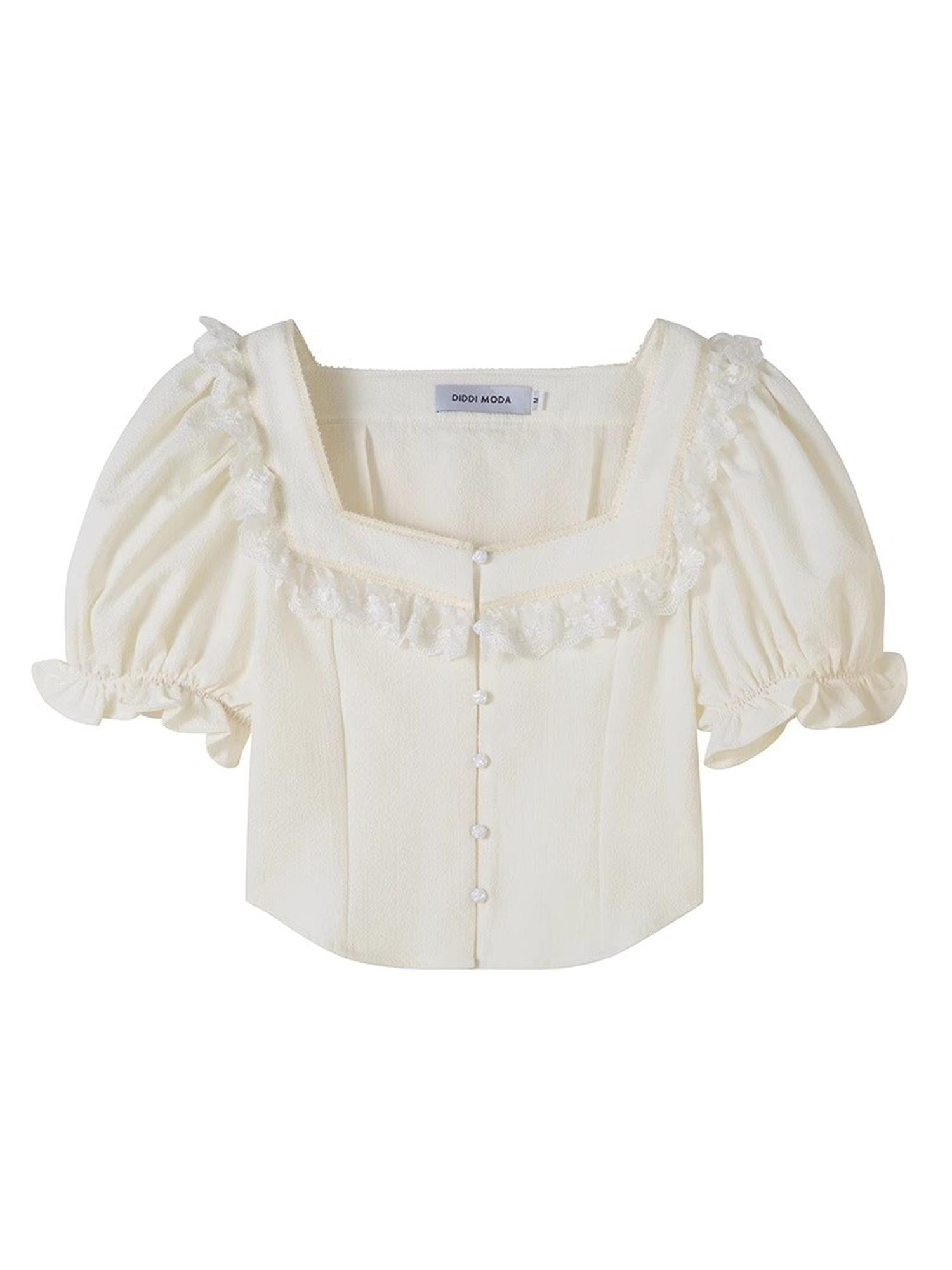 DIDDI MODA Vintage Bow Blouse Lace Crop Top Flared Shorts Set