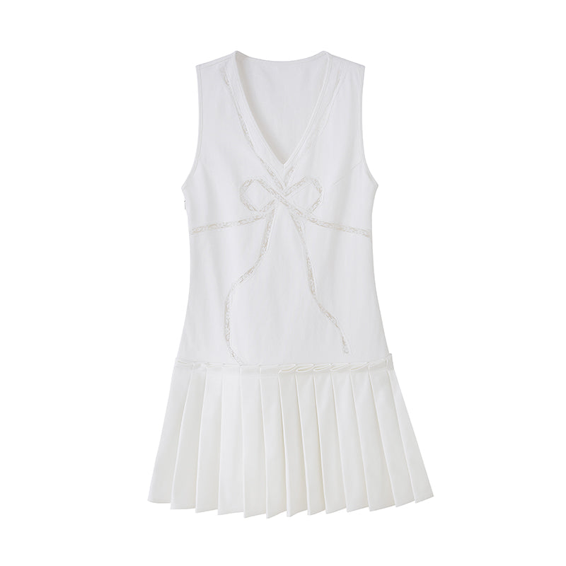 DIDDI MODA V Neck Lace Bow Ruffle Knit Dress Asymmetrical Tie Waist A Line Dress