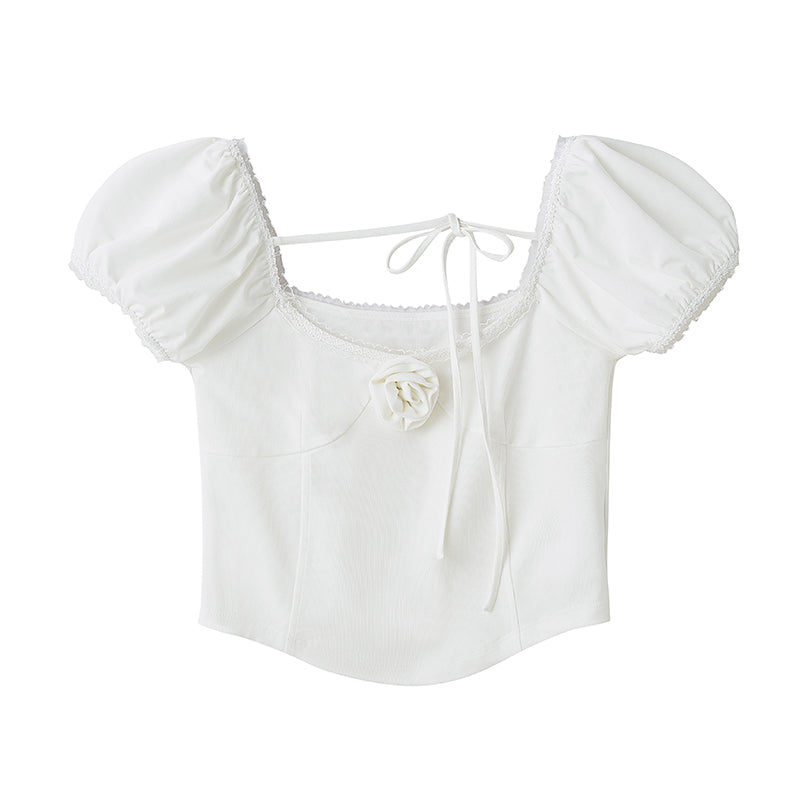 DIDDI MODA Rose Pure Knit Top With Puff Sleeves And Square Neck