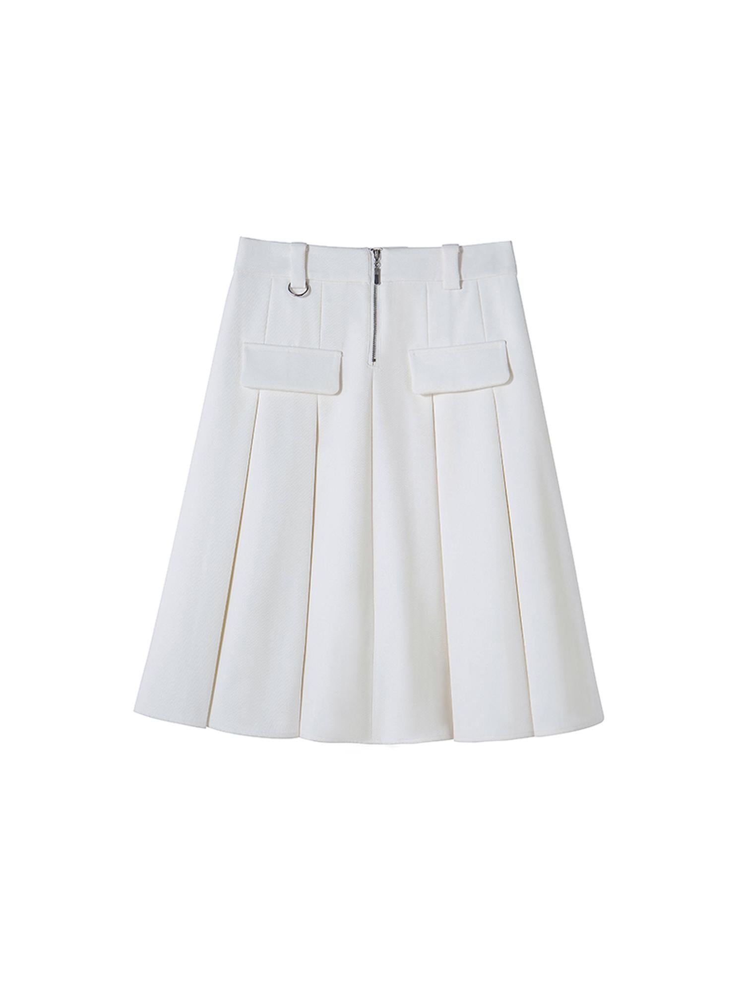 DIDDI MODA Elegant Silver Zip White Midi Pleated Skirt