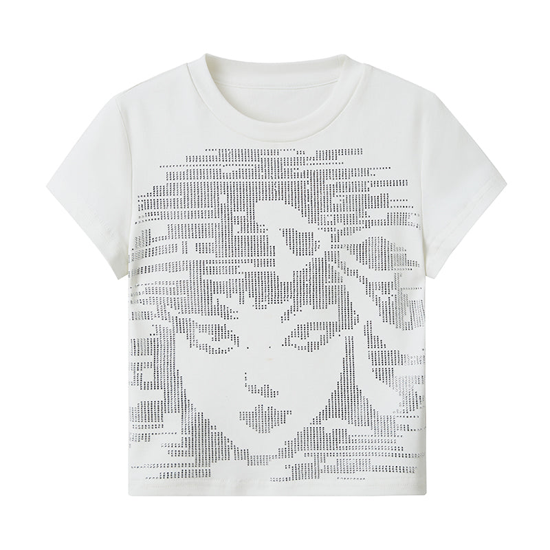 DIDDI MODA Sparkling Abstract Face Crop Tee With Rhinestones