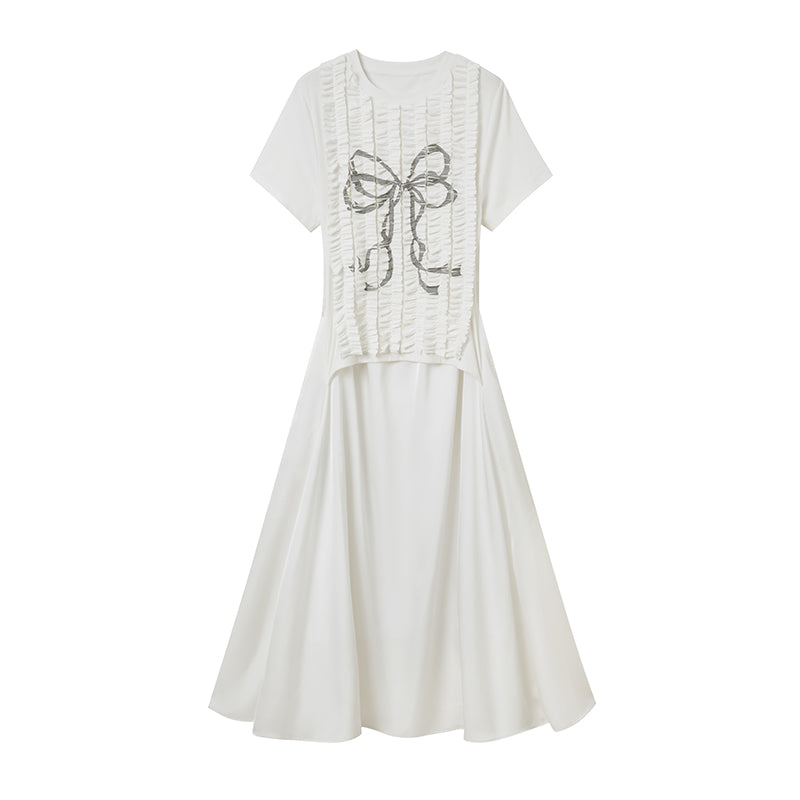 DIDDI MODA Deconstructed Bow Pleat Print Tee Dress