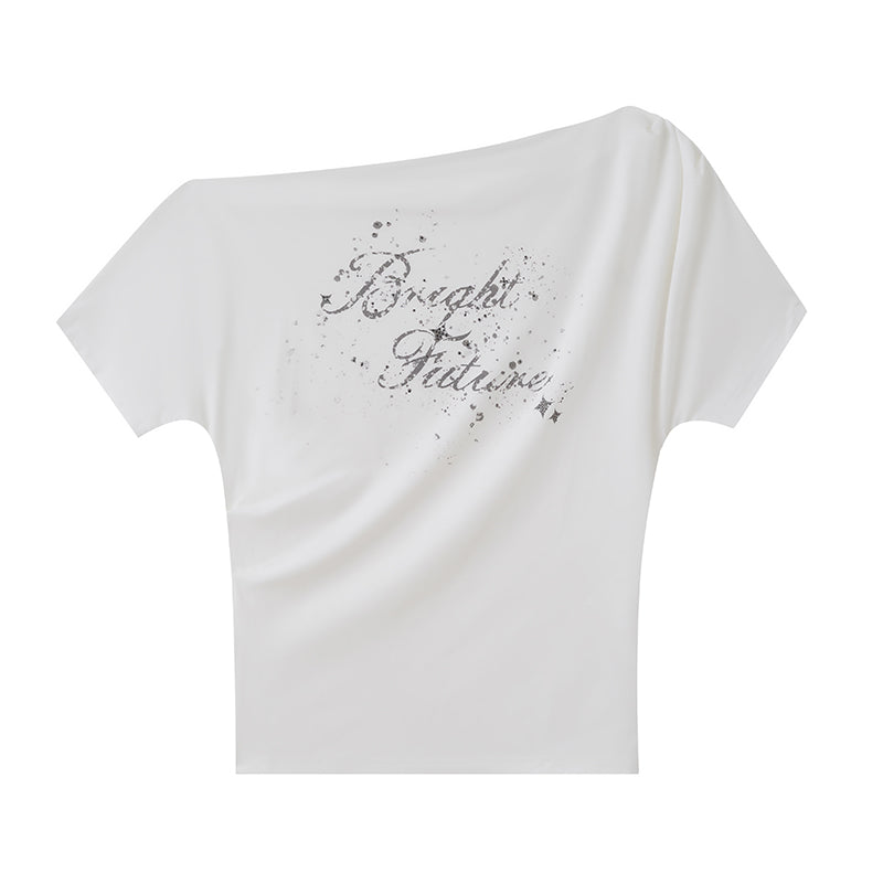 DIDDI MODA Off Shoulder Letter Graphic Rhinestone Pleated Tee