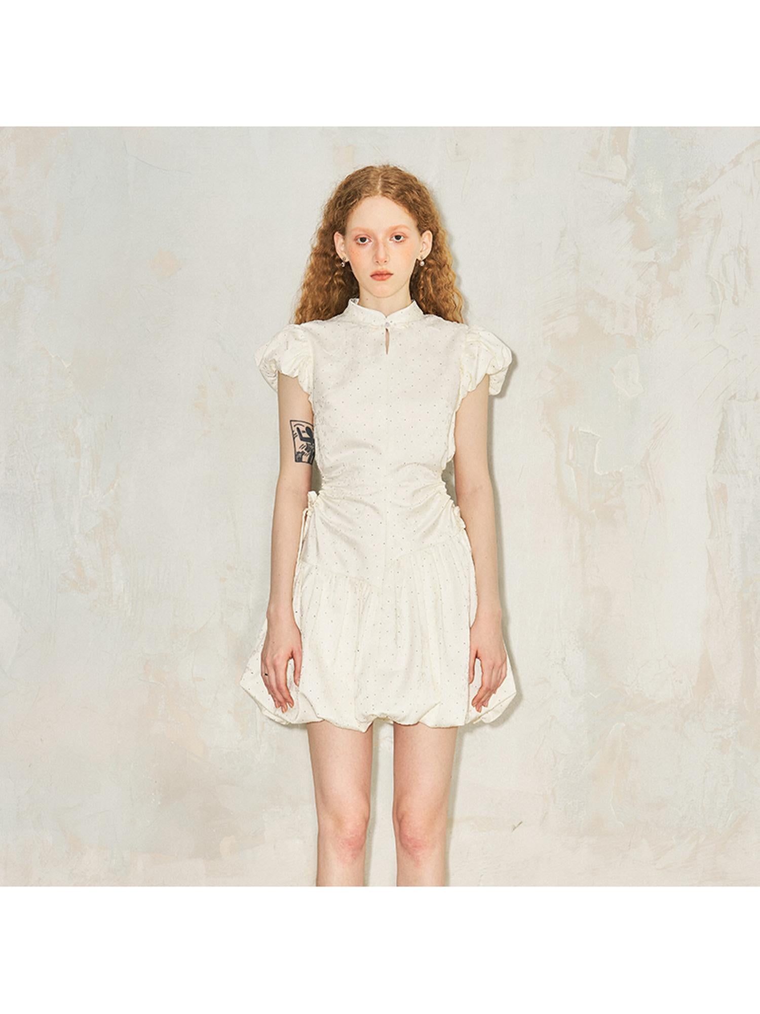 DIDDI MODA New Chinese Knot Bubble Sleeve Hollow Waist Ruffle Dress