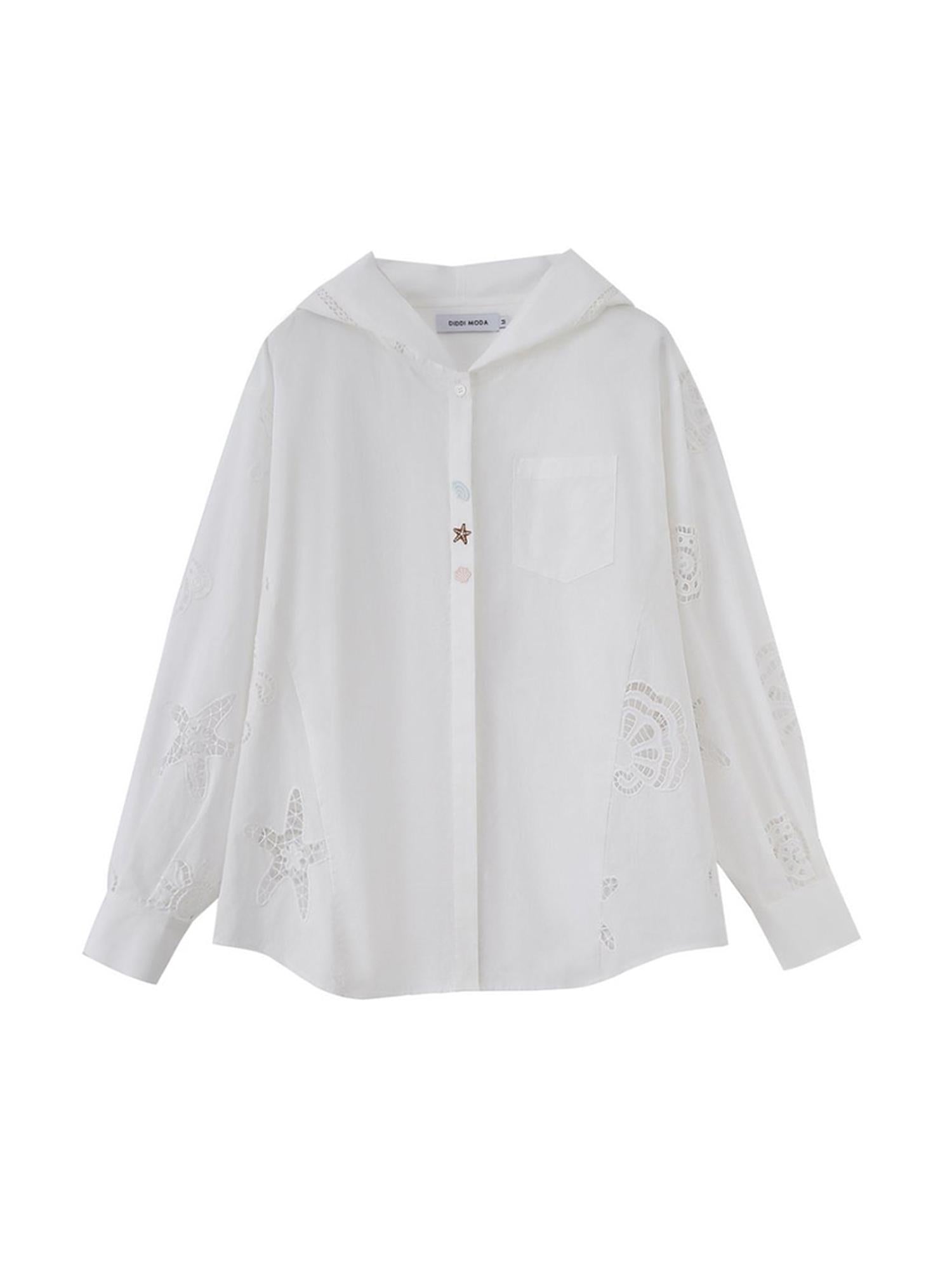 DIDDI MODA Starfish Shell Embroidered Loose Hooded Shirt Summer