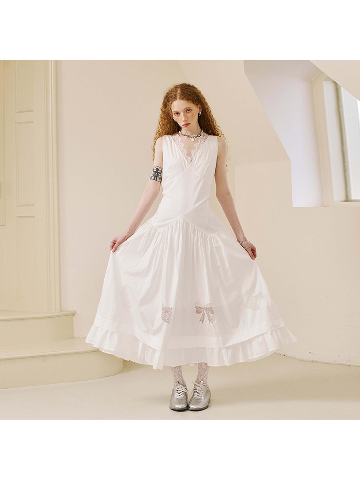 DIDDI MODA Elegant V Neck Lace Trimmed Sheer Maxi Dress