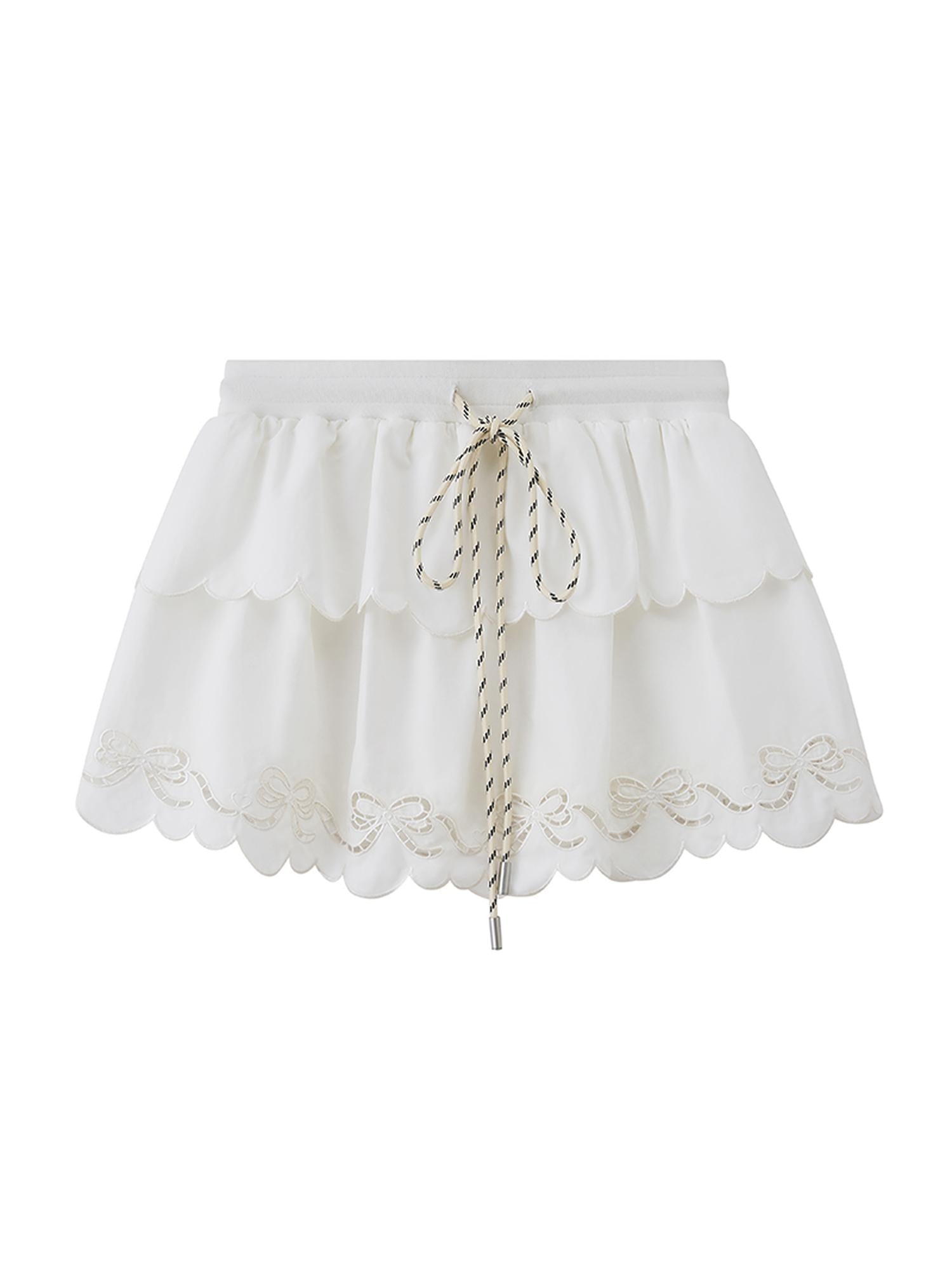 DIDDI MODA Layered Lace Bow Trimmed Hollow Out Cotton Midi Skirt