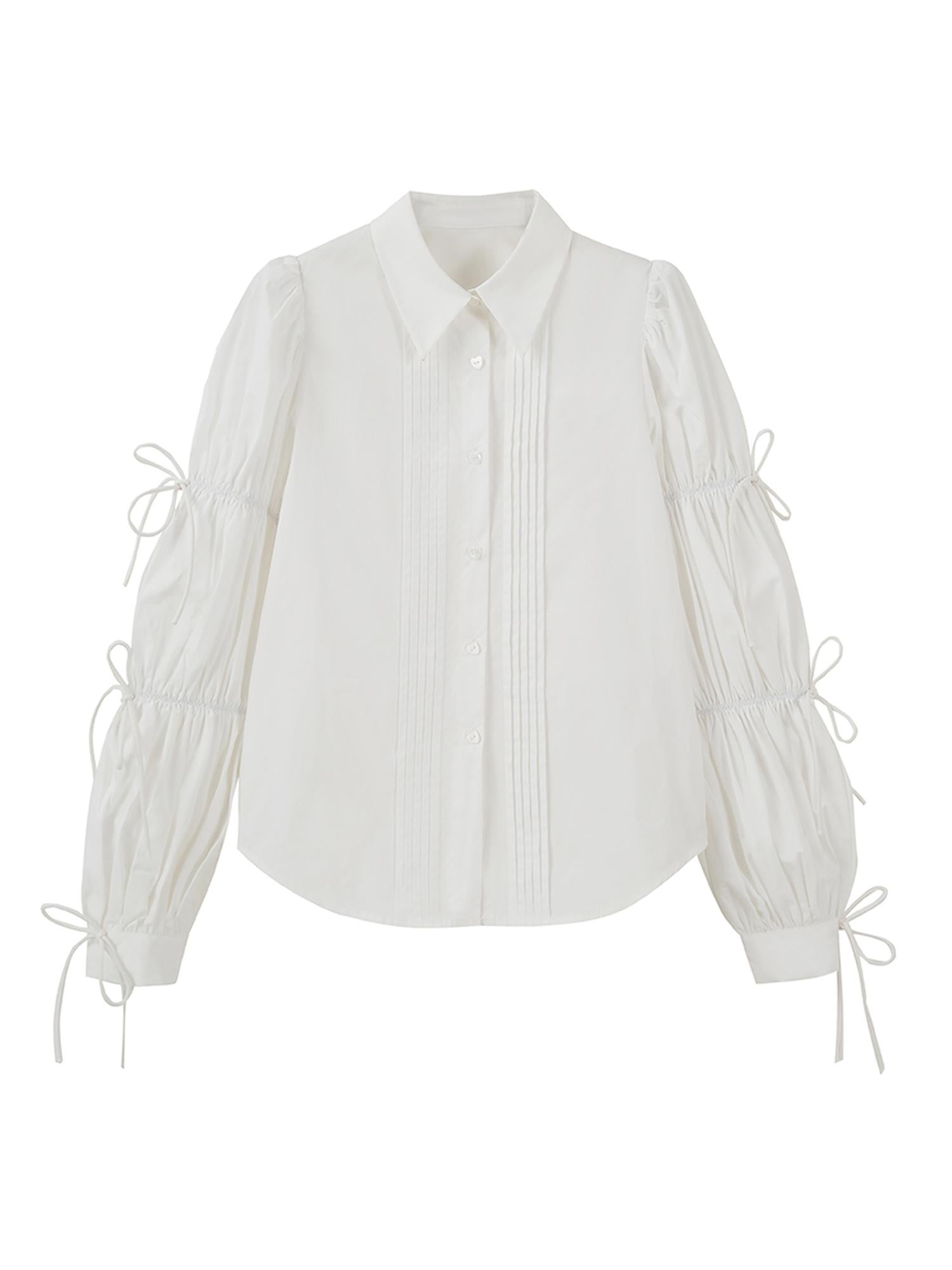 DIDDI MODA French Retro Puff Sleeve White Cotton Blouse With Ruffles Shell Buttons