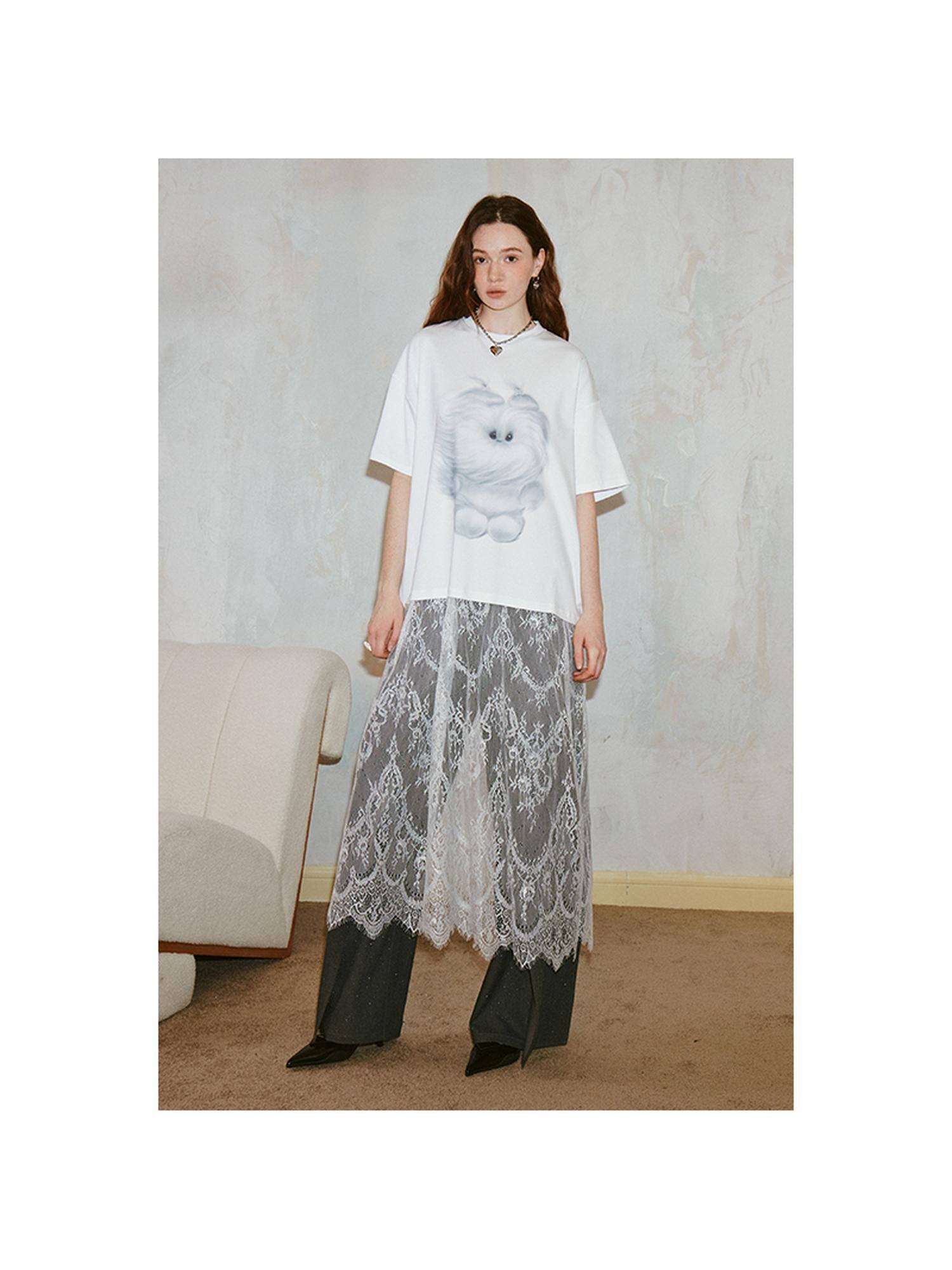 DIDDI MODA Monster Print Lace Trim Oversized Tee Dress