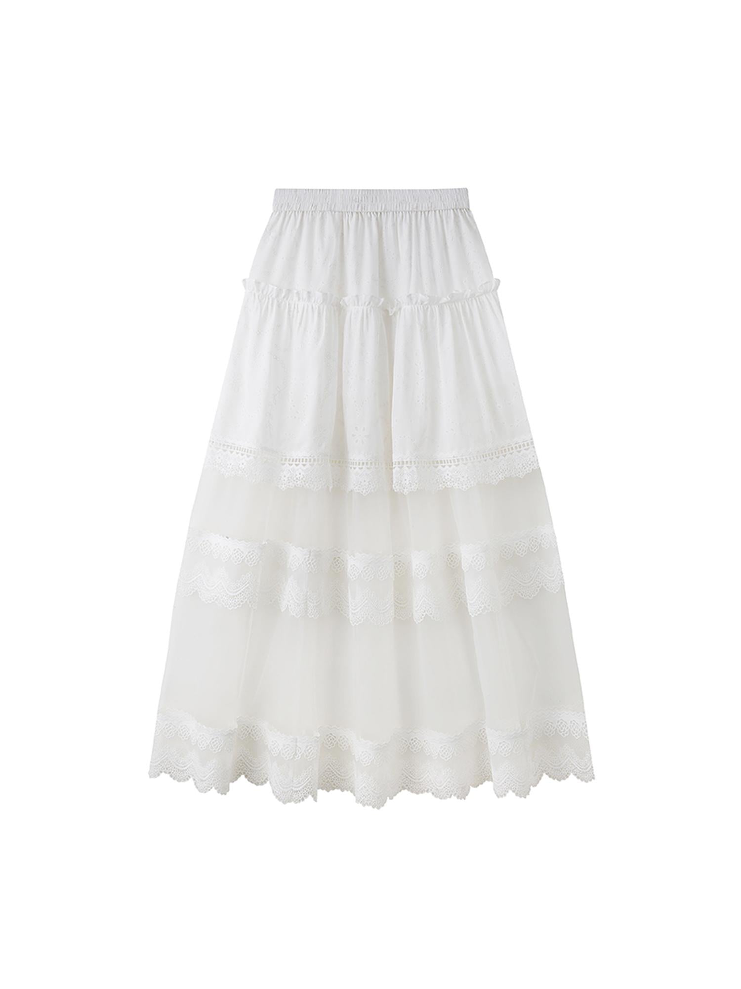 DIDDI MODA Floral Lace Layered Ankle Skirt With Sheer Mesh Trim