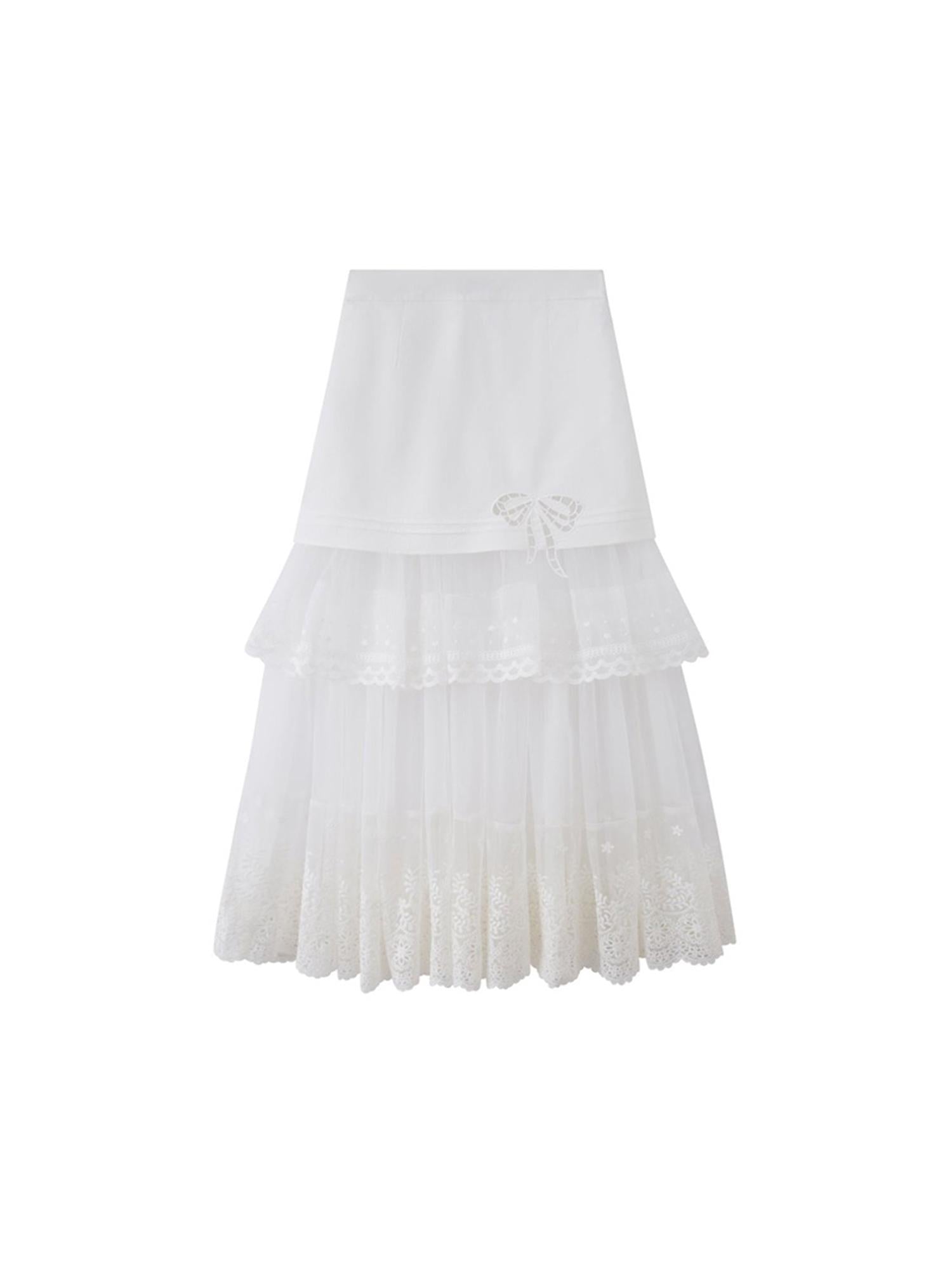 DIDDI MODA Lace Bow Trimmed Sheer Mesh Midi Skirt