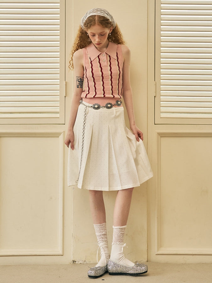 DIDDI MODA Elegant Dot Printed Pleated Midi Skirt With High Waist