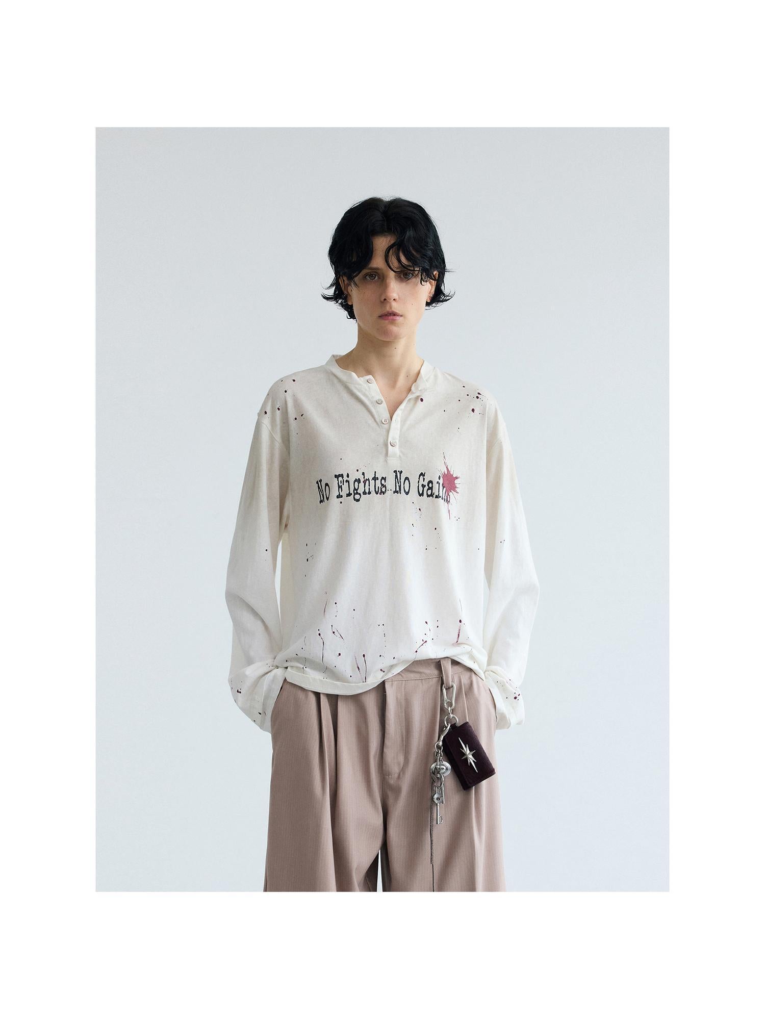 Peoplesense Vintage Ink Splatter Print Loose Long Sleeve Cotton Tee