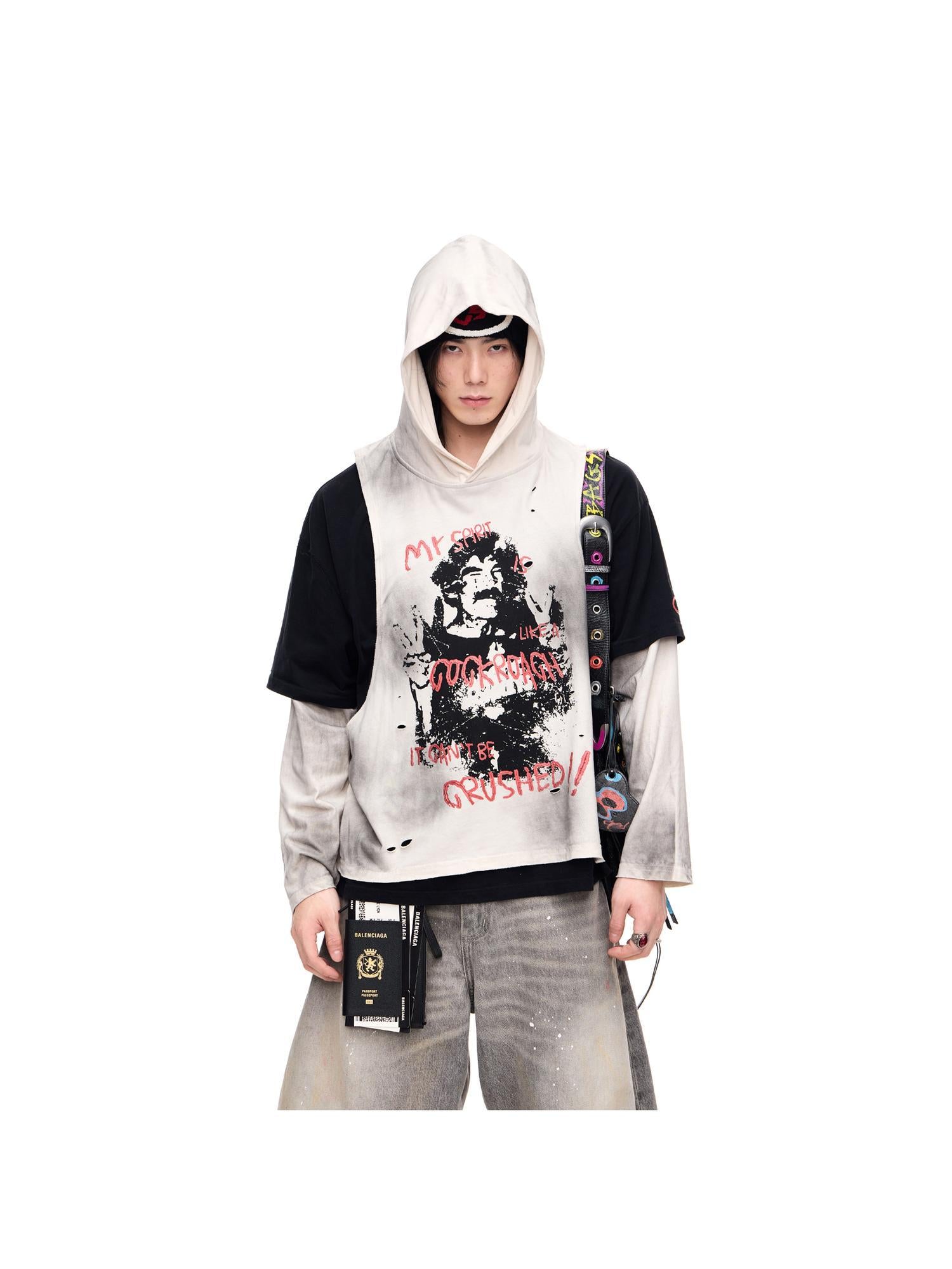 Peoplesense Retro Color Block Faux Two Tone Hooded Tee Unisex Sportswear