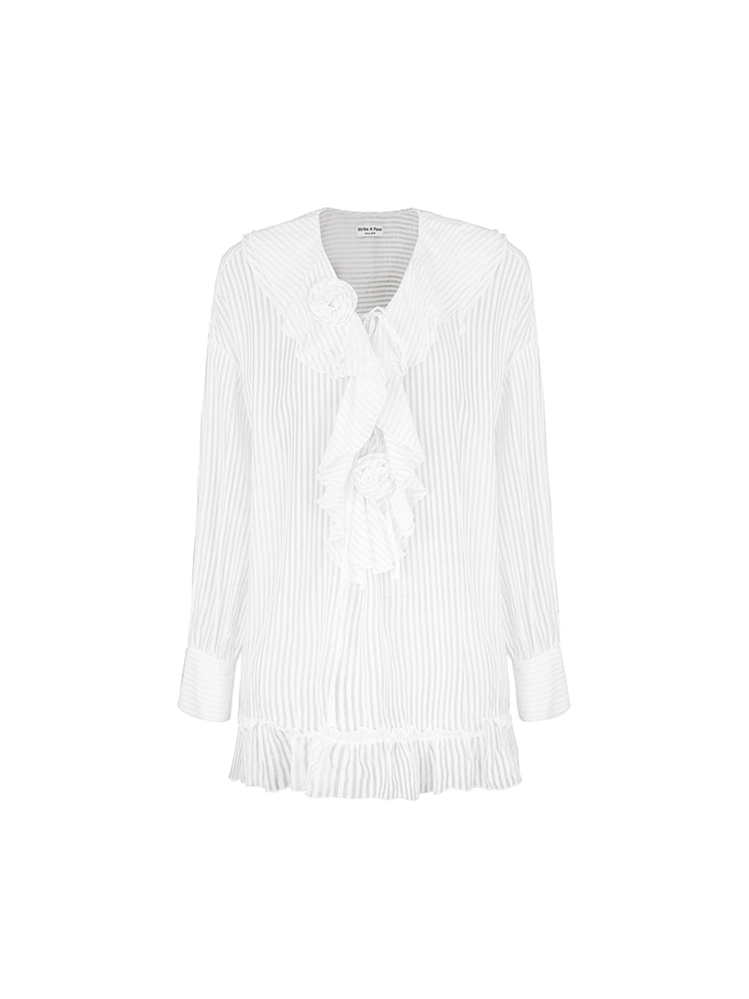 STRIKE A POSE Relaxed V-Neck Flowy Ruffle Stripe Blouse Shirt