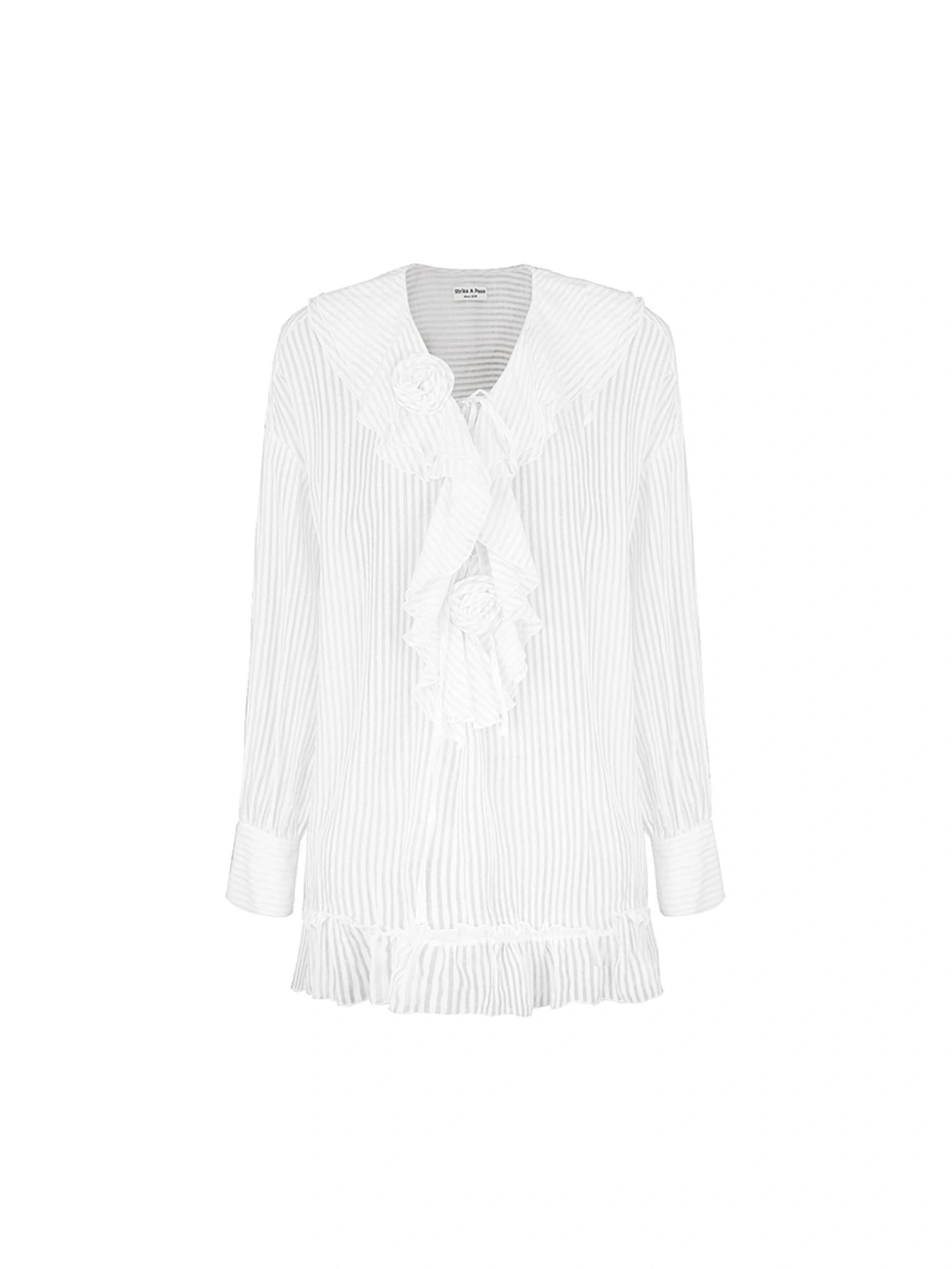 Relaxed V-Neck Flowy Ruffle Stripe Blouse Shirt