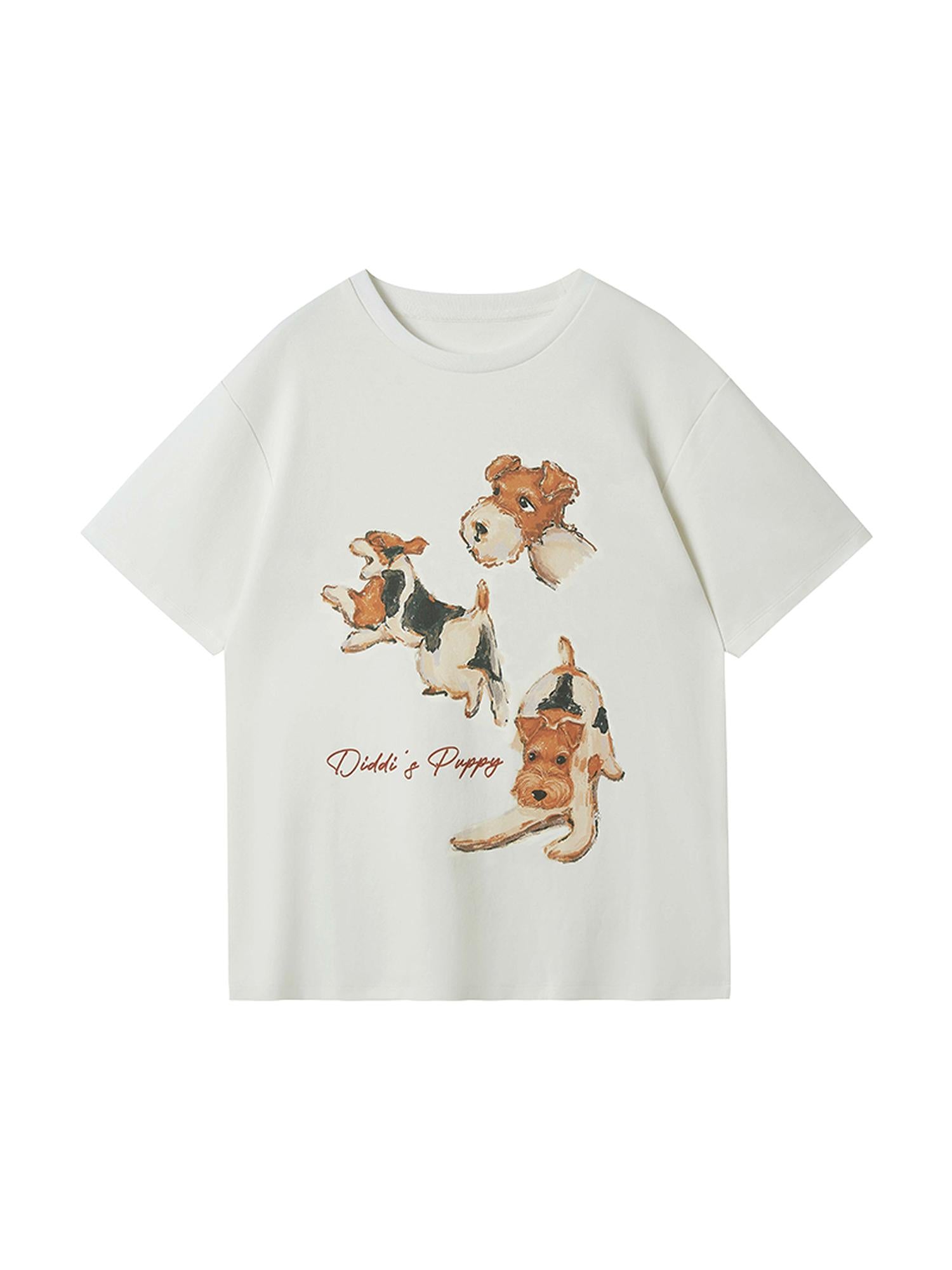 DIDDI MODA Funny Puppy Print Loose T Shirt With Layered Pants Set