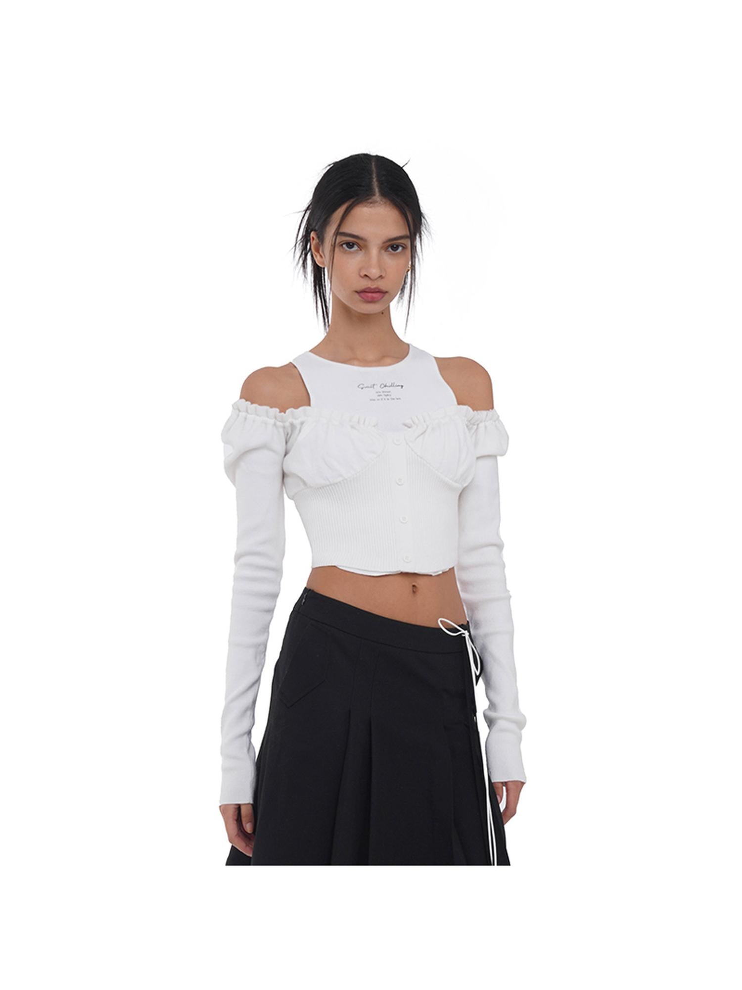 SweetChilling Off Shoulder Puff Sleeve Knit Top & Vest Set Women Sweaters