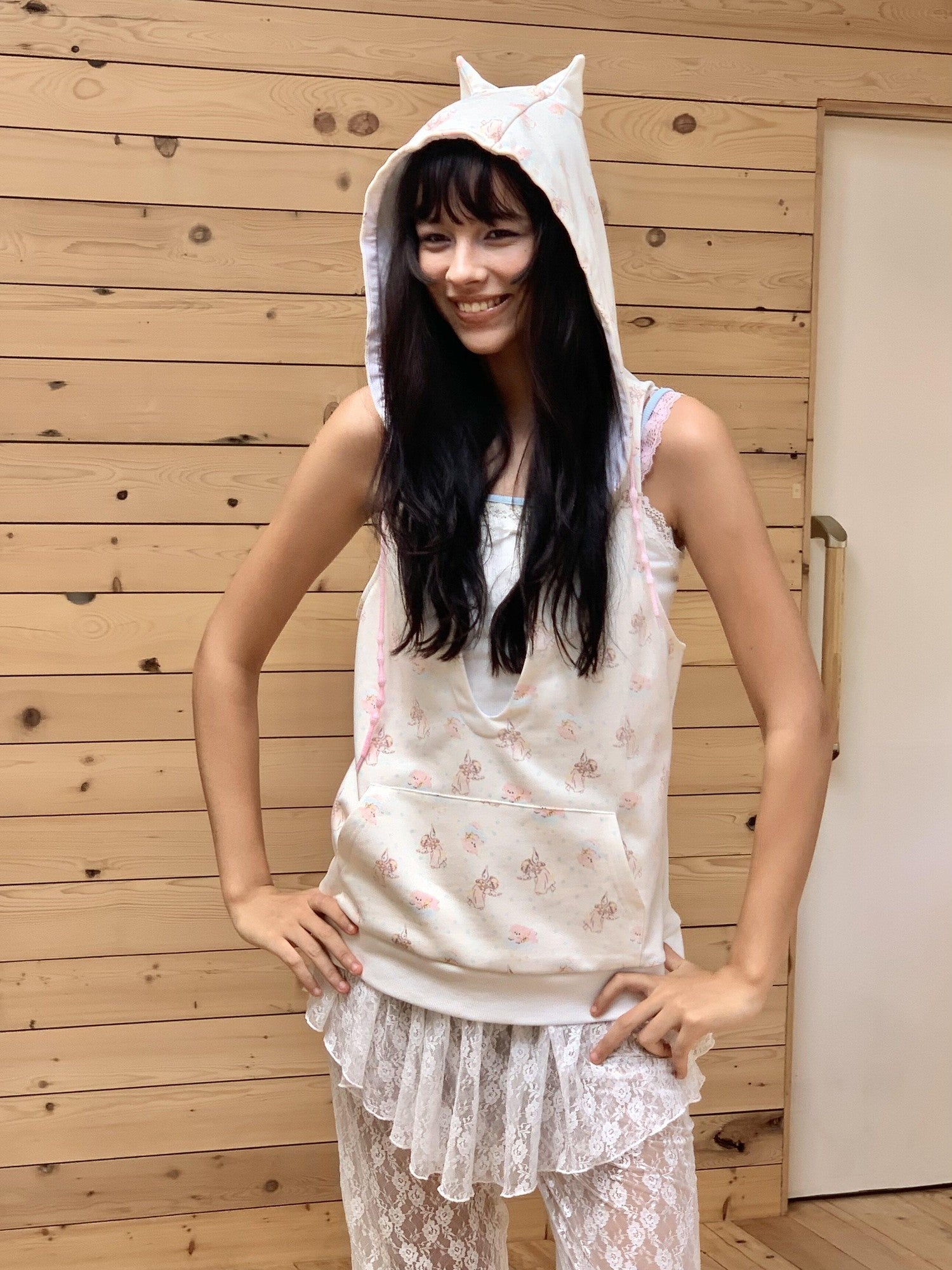 wii wil Angel Devil Horn Hooded Racerback Cartoon Print Women&
