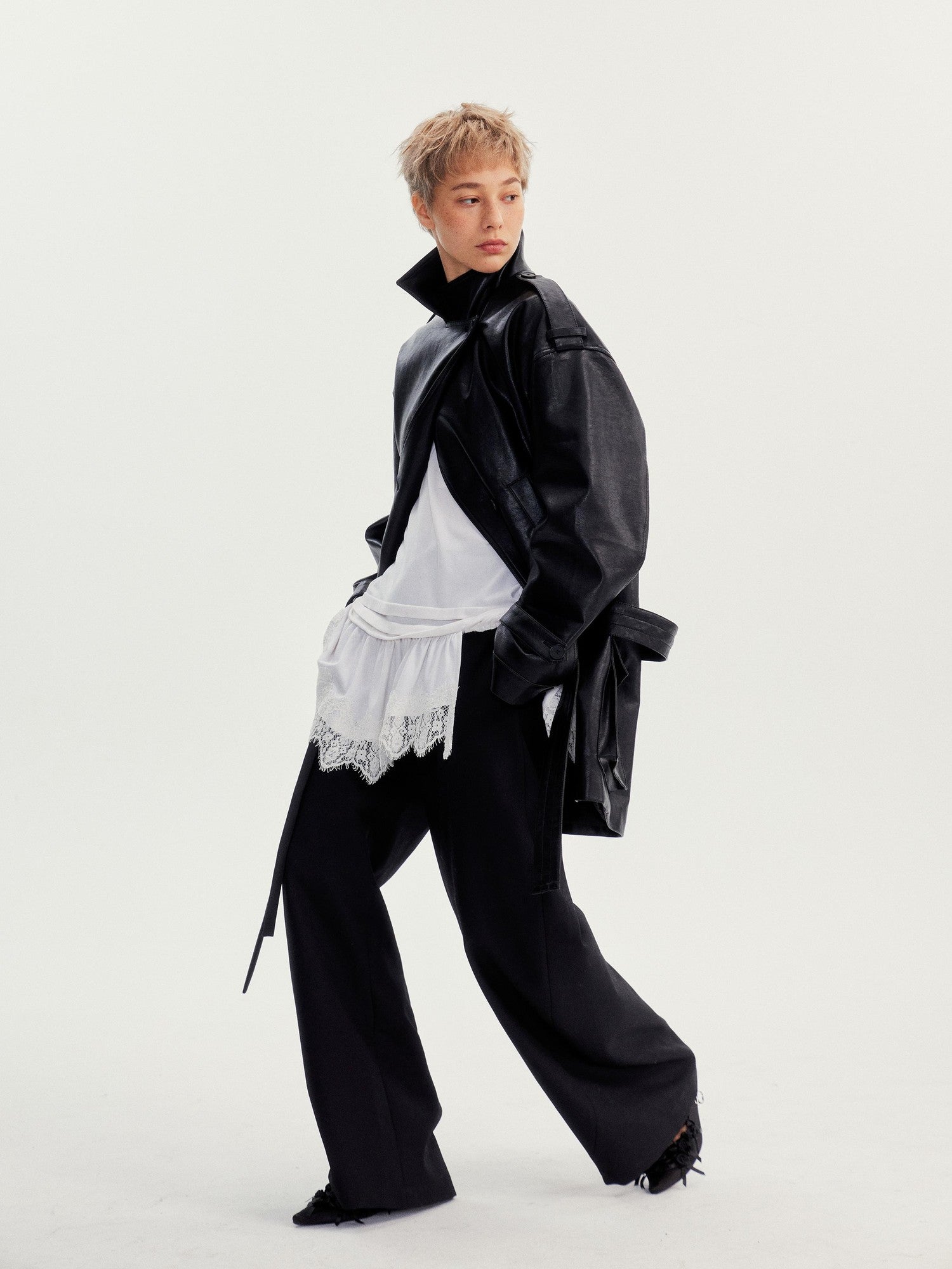 wii wil Belted Stand Collar Midlength Zippered Women&