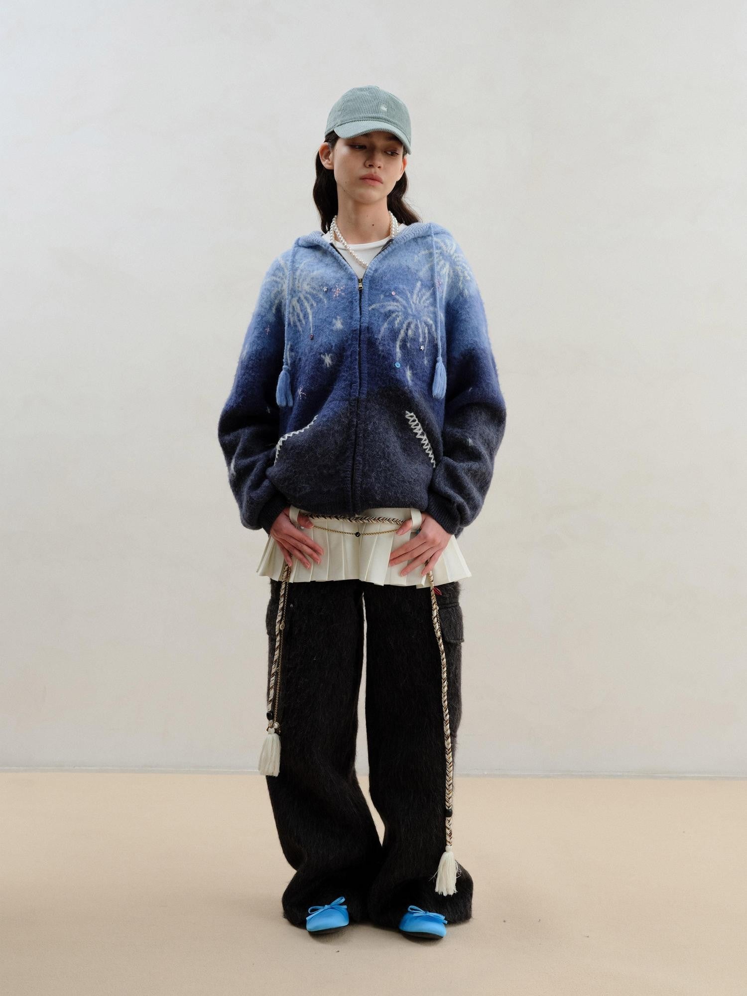 wii wil Blue Gradient Starry 3d Jacquard Hooded Women&