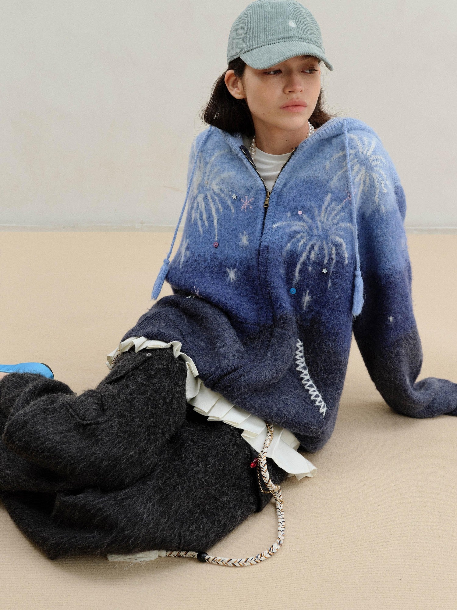 wii wil Blue Gradient Starry 3d Jacquard Hooded Women&
