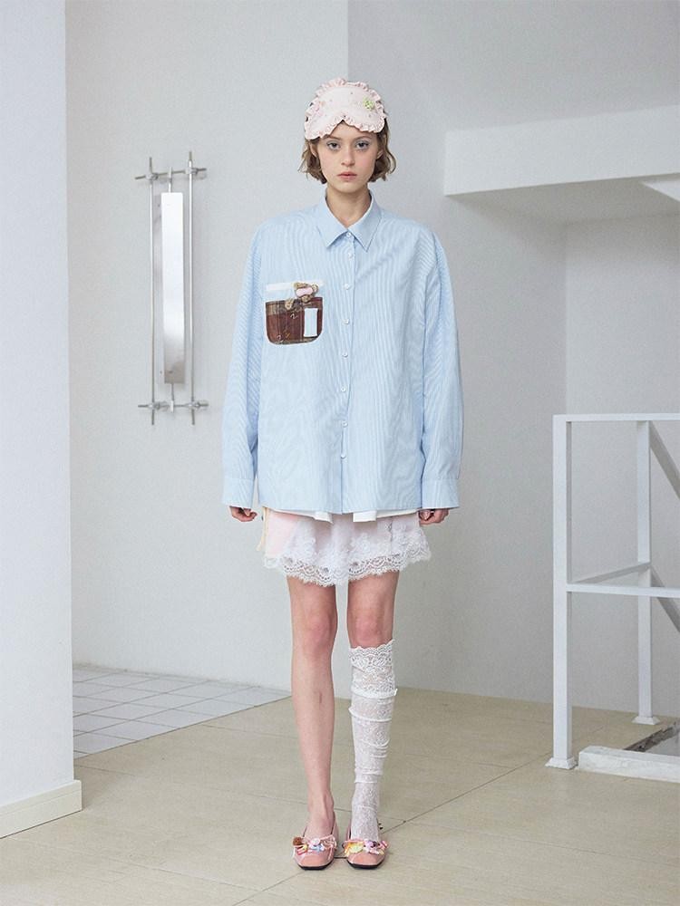 wii wil Blue Striped Teddy Pocket Faux Layered Collared Women&