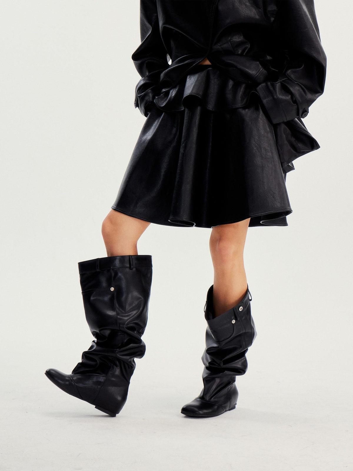 wii wil Casual Ruffle Trim Spliced Mid Waist Pu Women&