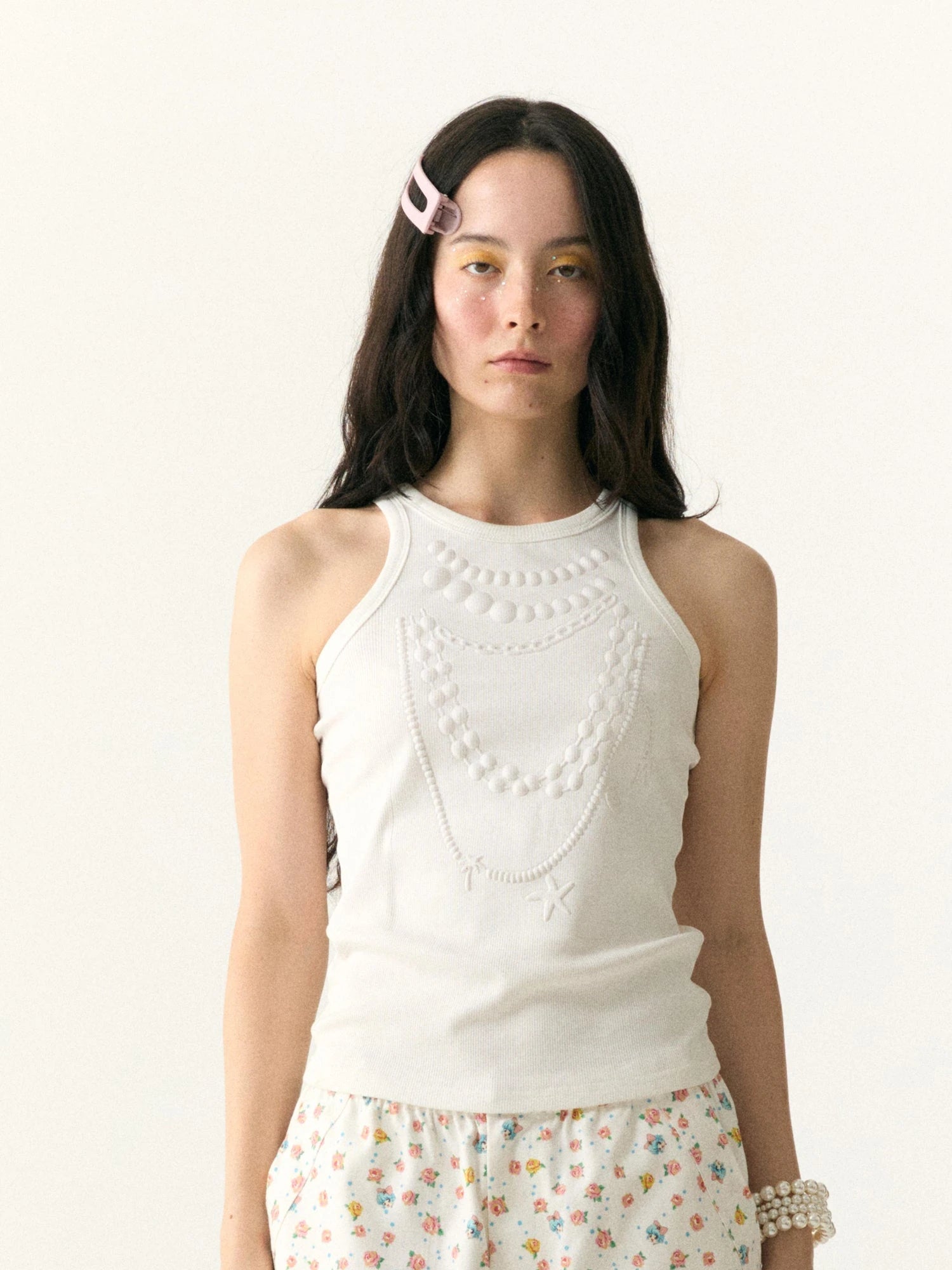 Embossed Pearl Necklace Crop Tank Camisole
