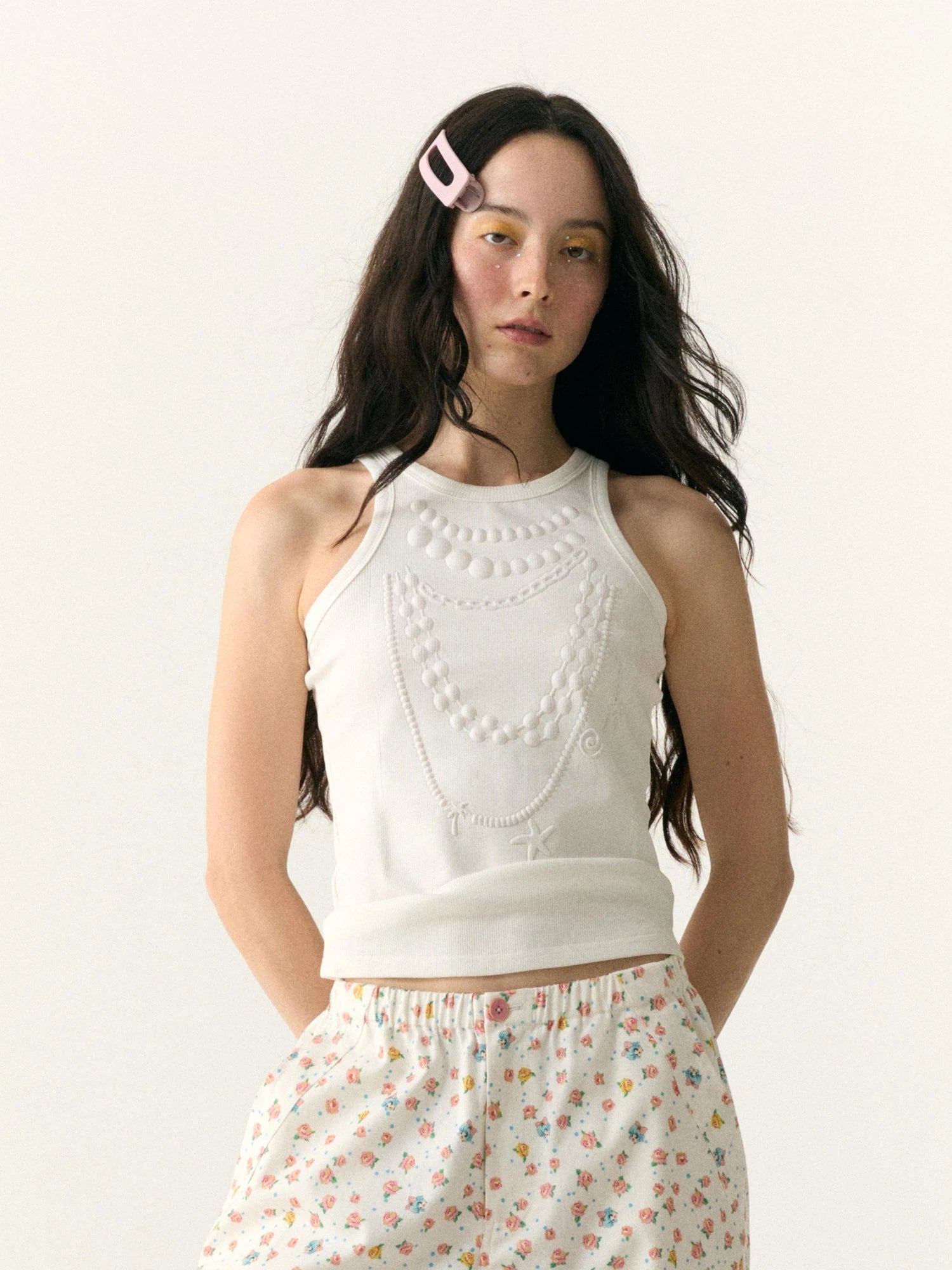 Embossed Pearl Necklace Crop Tank Camisole
