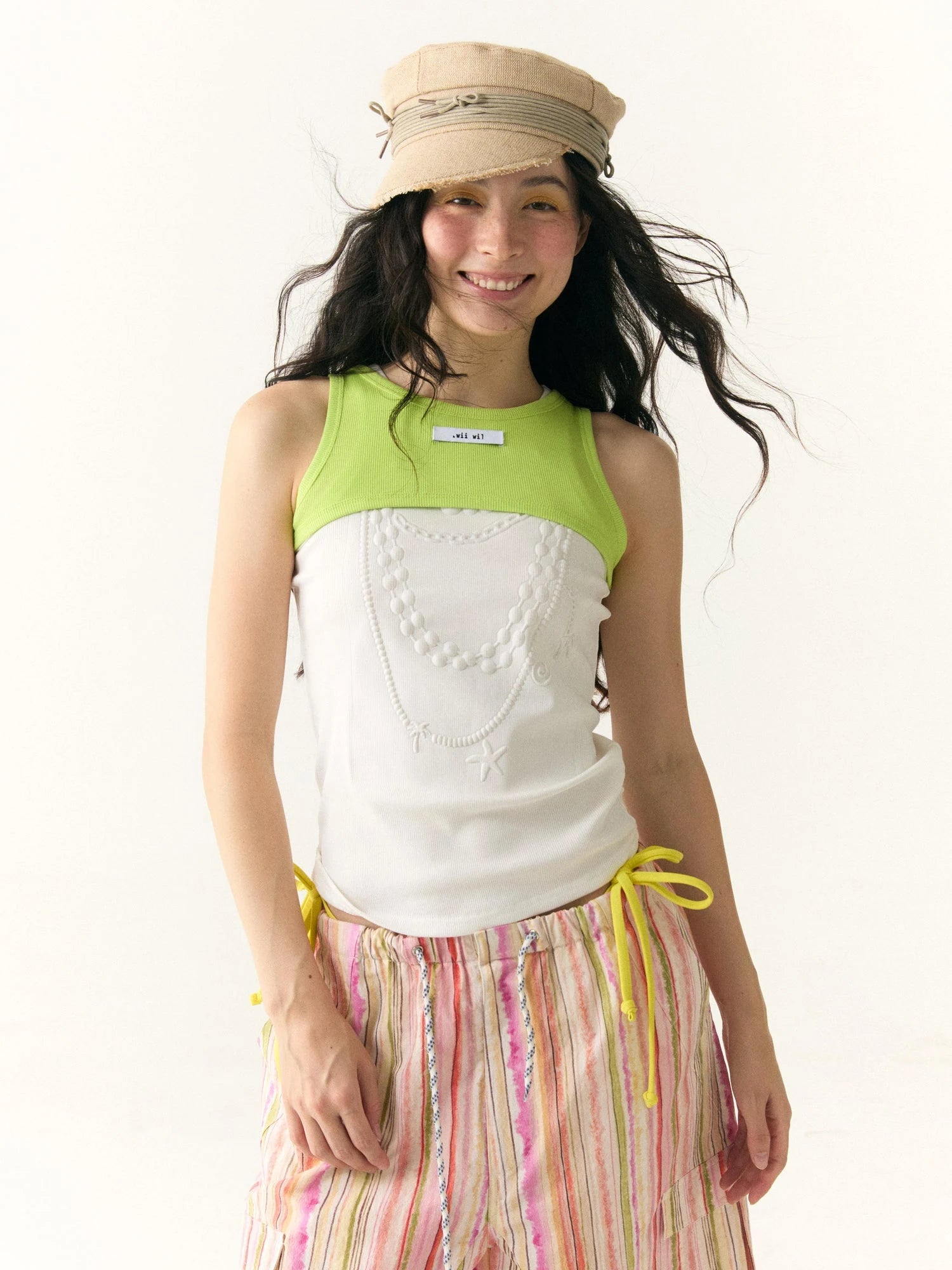 Embossed Pearl Necklace Crop Tank Camisole