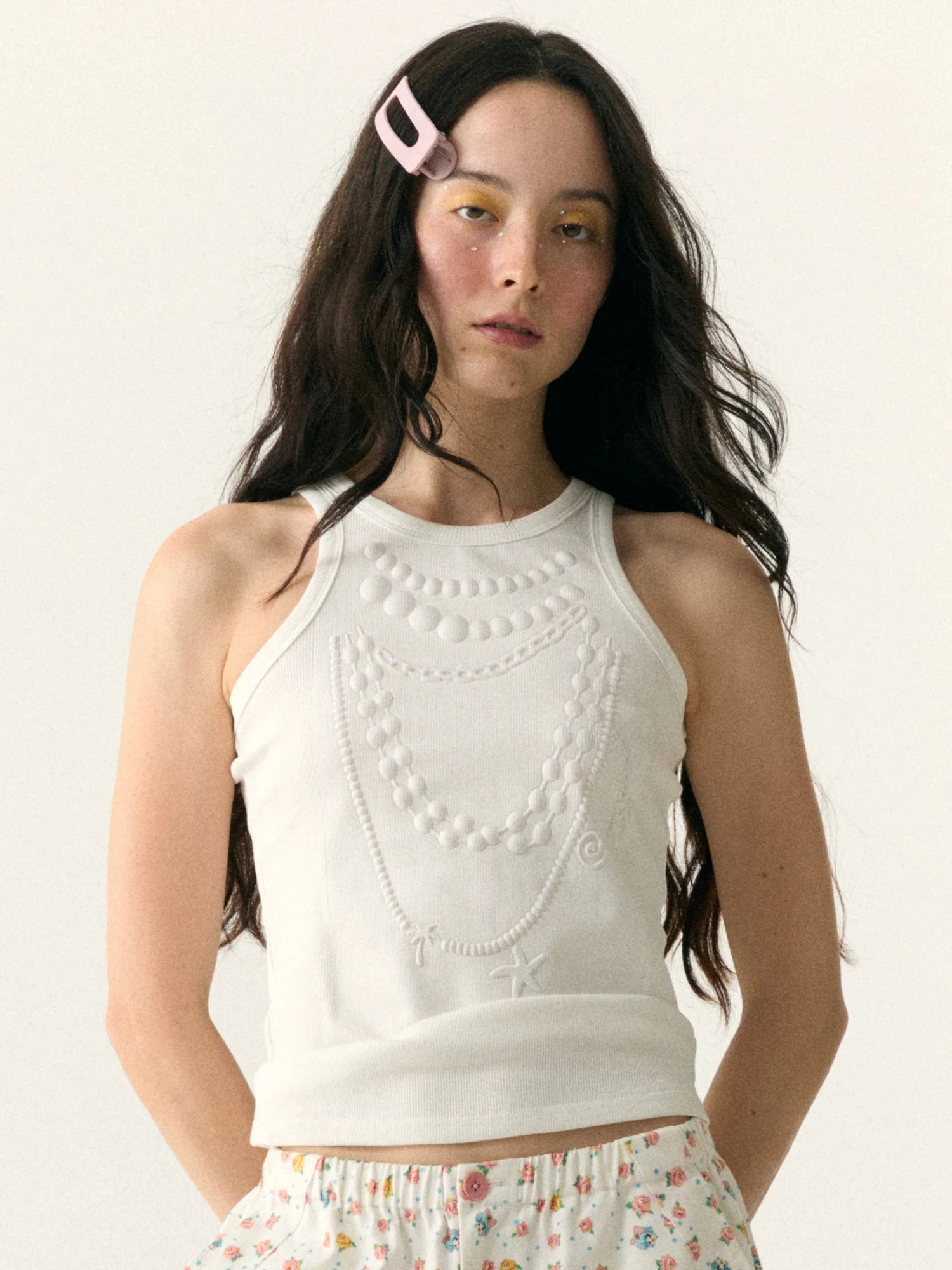 Embossed Pearl Necklace Crop Tank Camisole