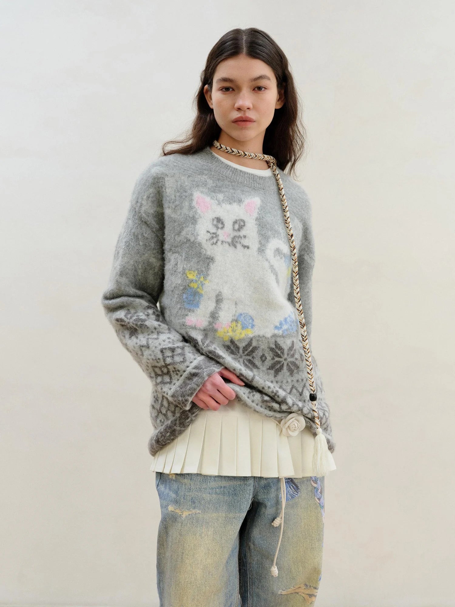 Fair Isle Cat Intarsia Mohair Wool Sweater